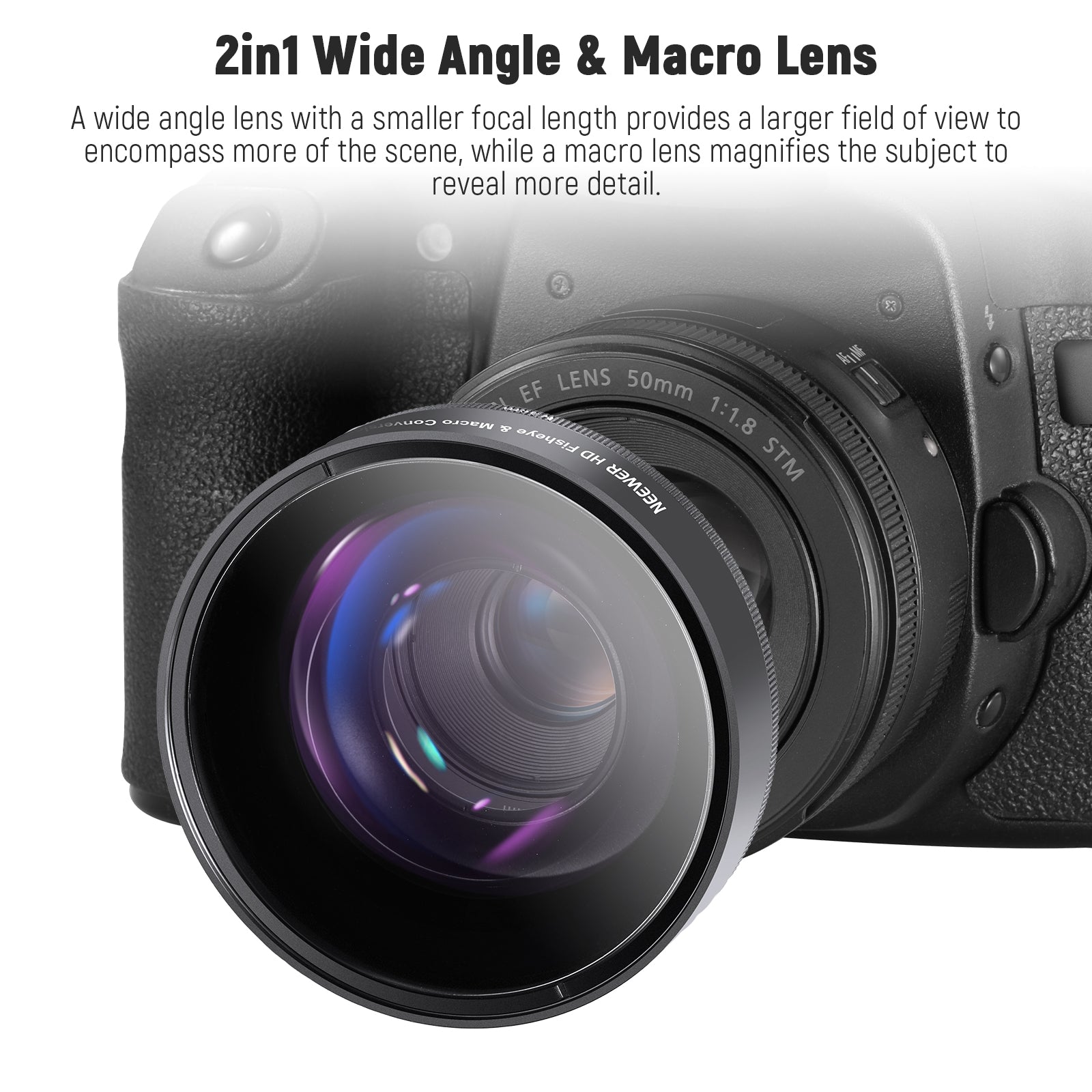 NEEWER LS-20 2-in-1 Fisheye Lens & Macro Photography Lens provides a larger field of view.