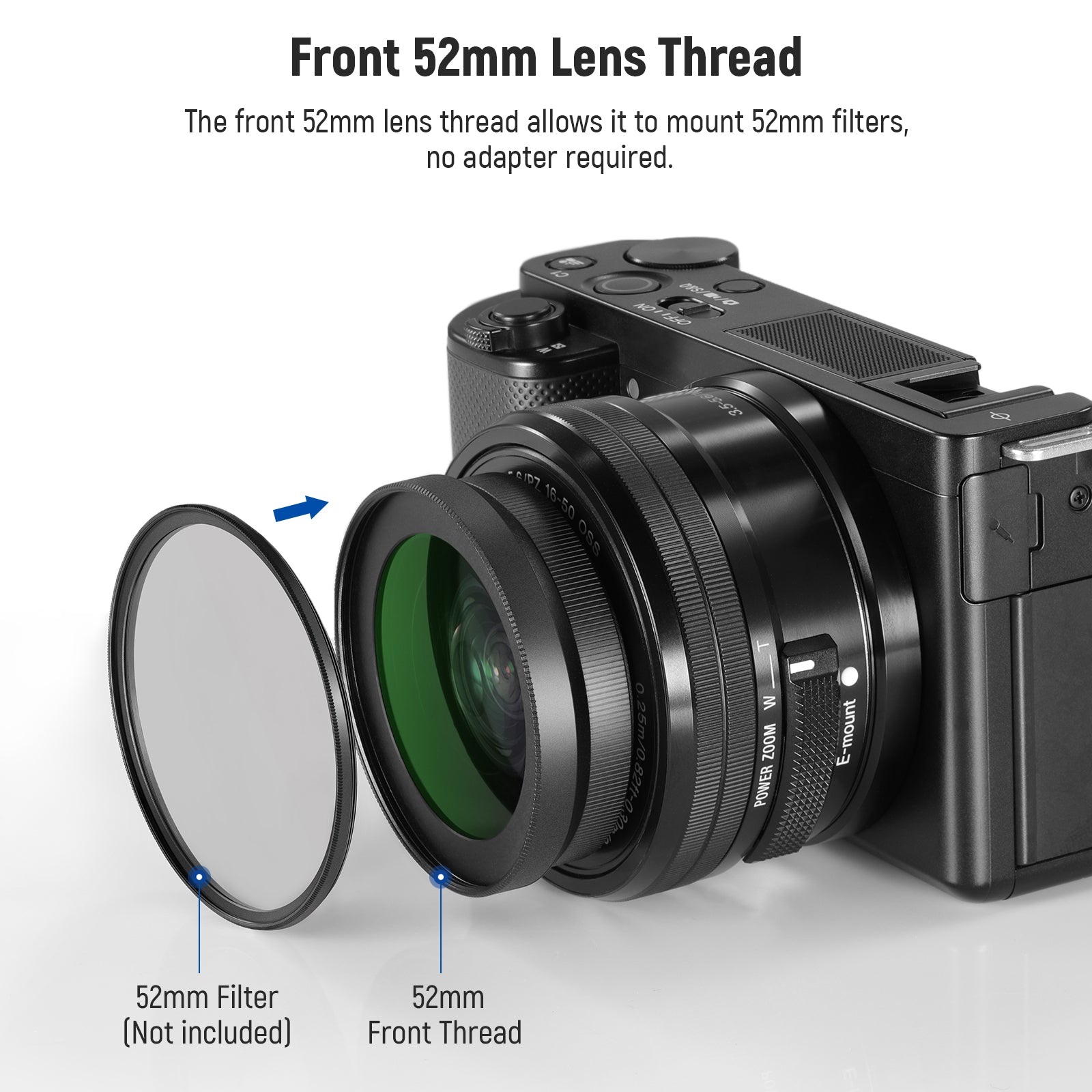 the 52mm front thread can be connected to various 52mm filters