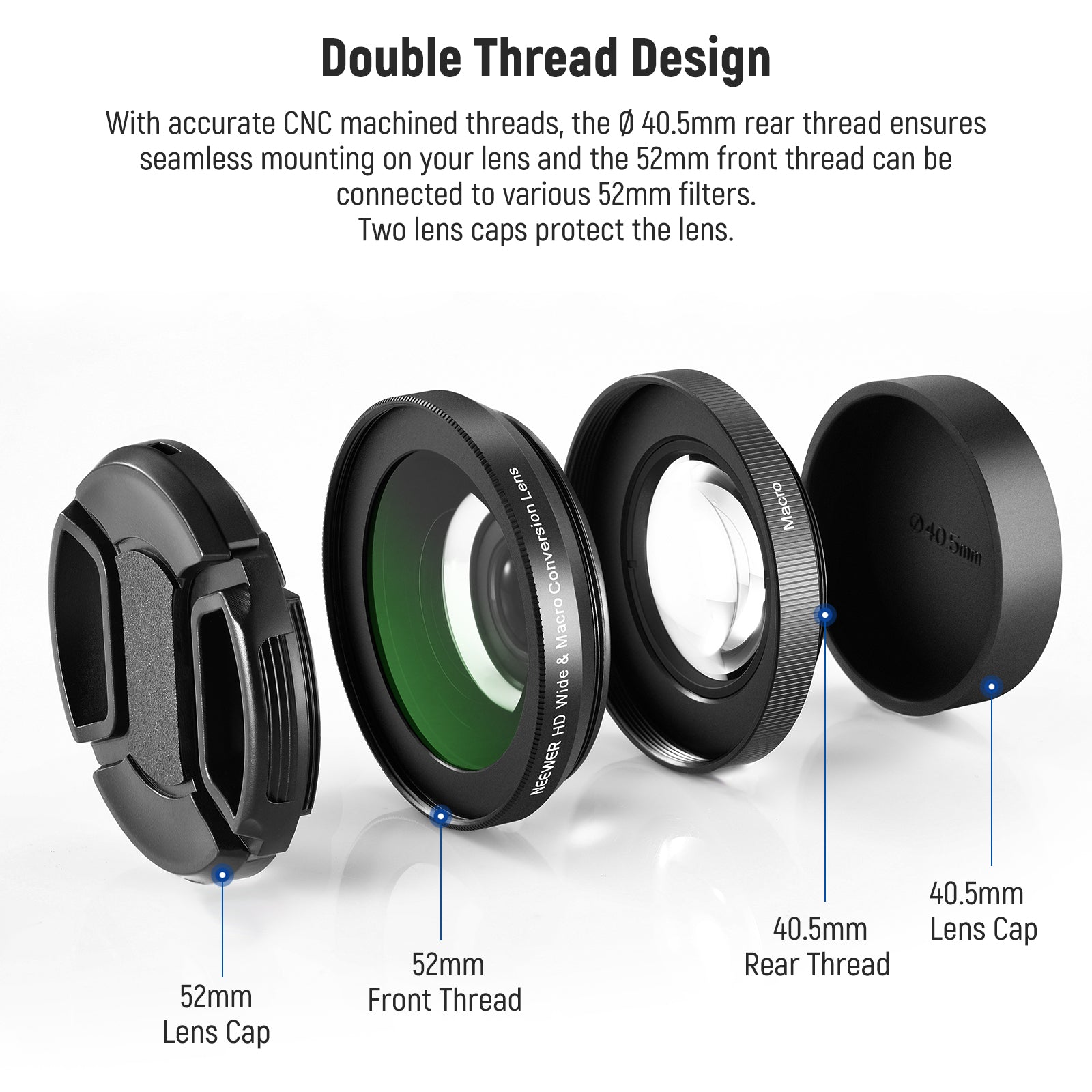 With accurate CNC machined threads, the Ø40.5 rear thread ensures seamless mounting on your lens