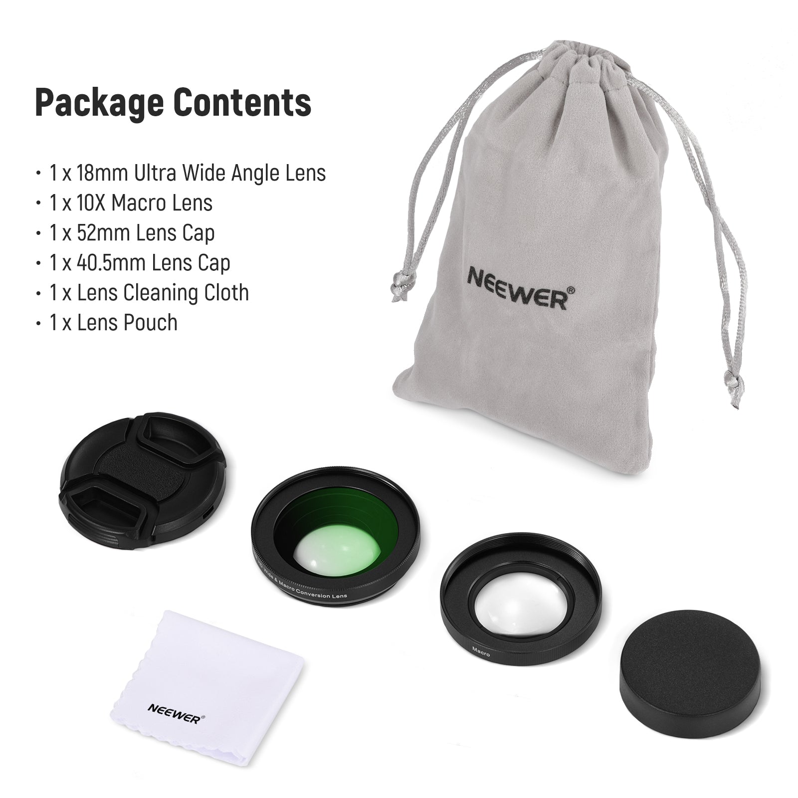 Package Contents of the NEEWER LS-30 HD Wide Angle Lens For Sony ZV-1F/ZV-E10