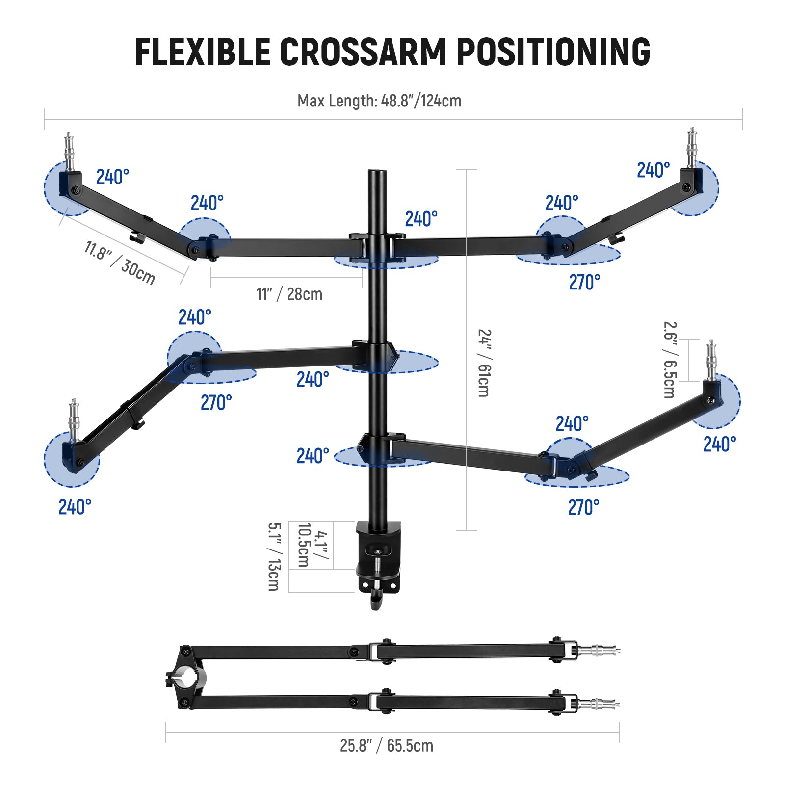 The arm itself can swing 270° and tilt 240°, and the ended screws can also tilt 240°.