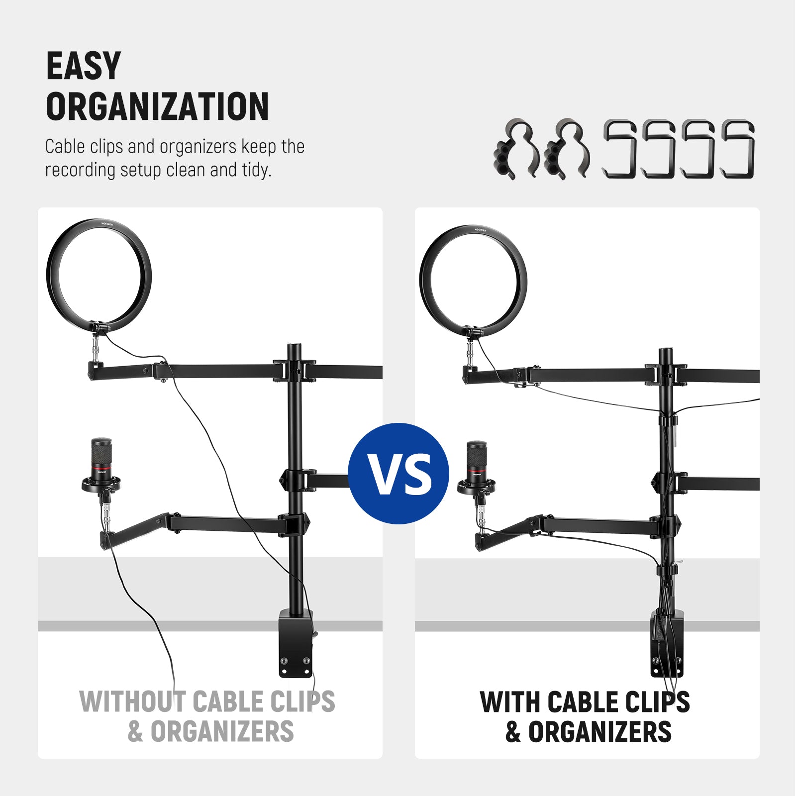 Cable clips and organizers keep the recording setup clean and tidy.