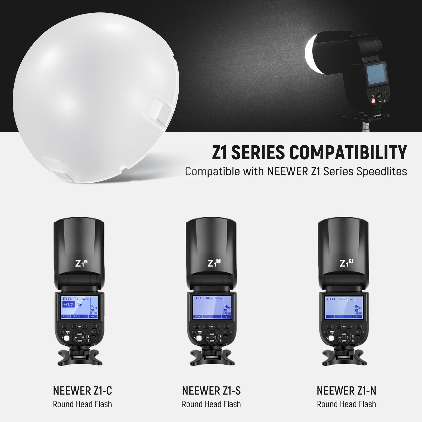 NEEWER M12 dome flash diffuser is specifically designed for NEEWER Z2PRO, Z2-S, Z2-N, Z2-C, Z1-S, Z1-N, and Z1-C.