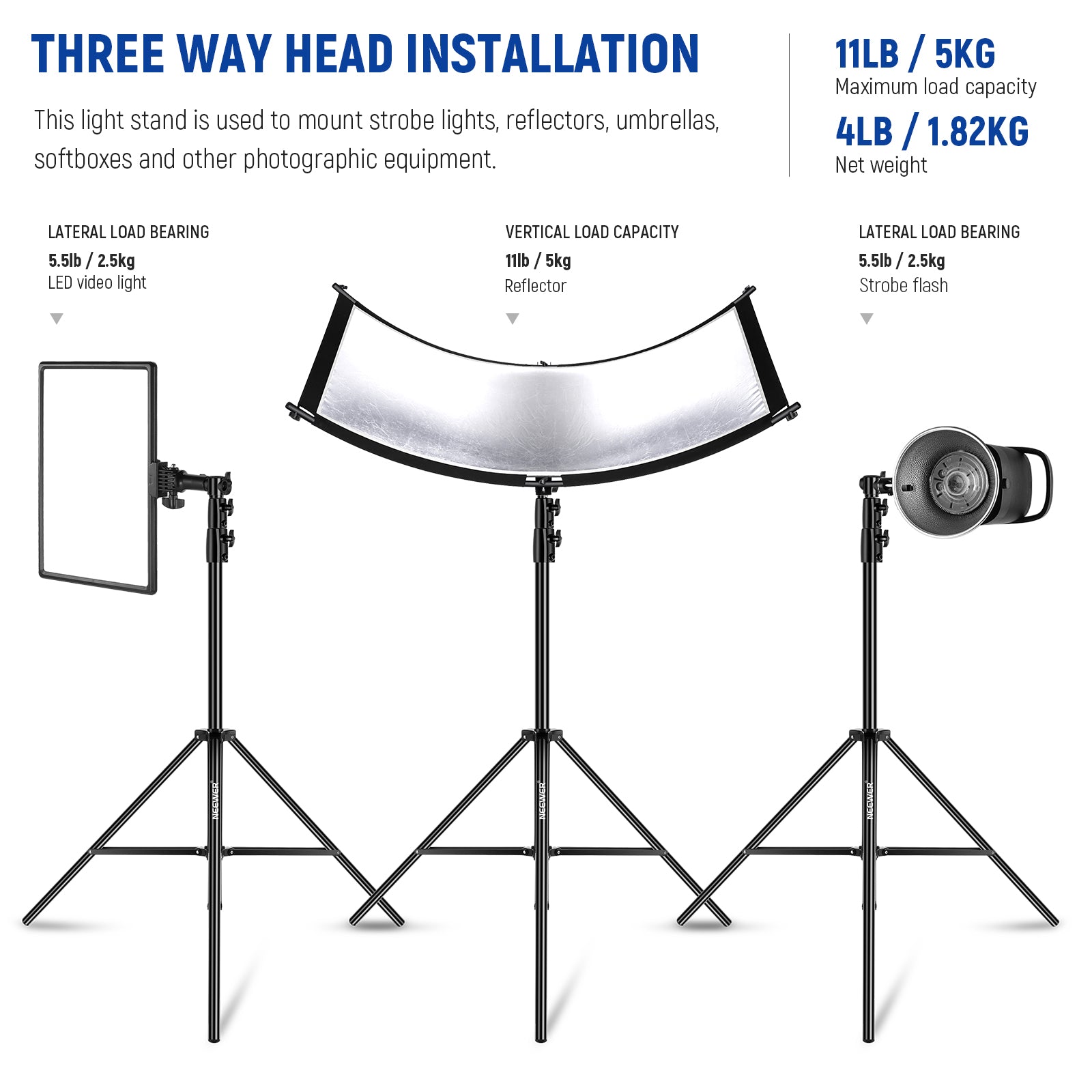 NEEWER ST-280AC Heavy Duty Light Stand features 3 way mounting interface