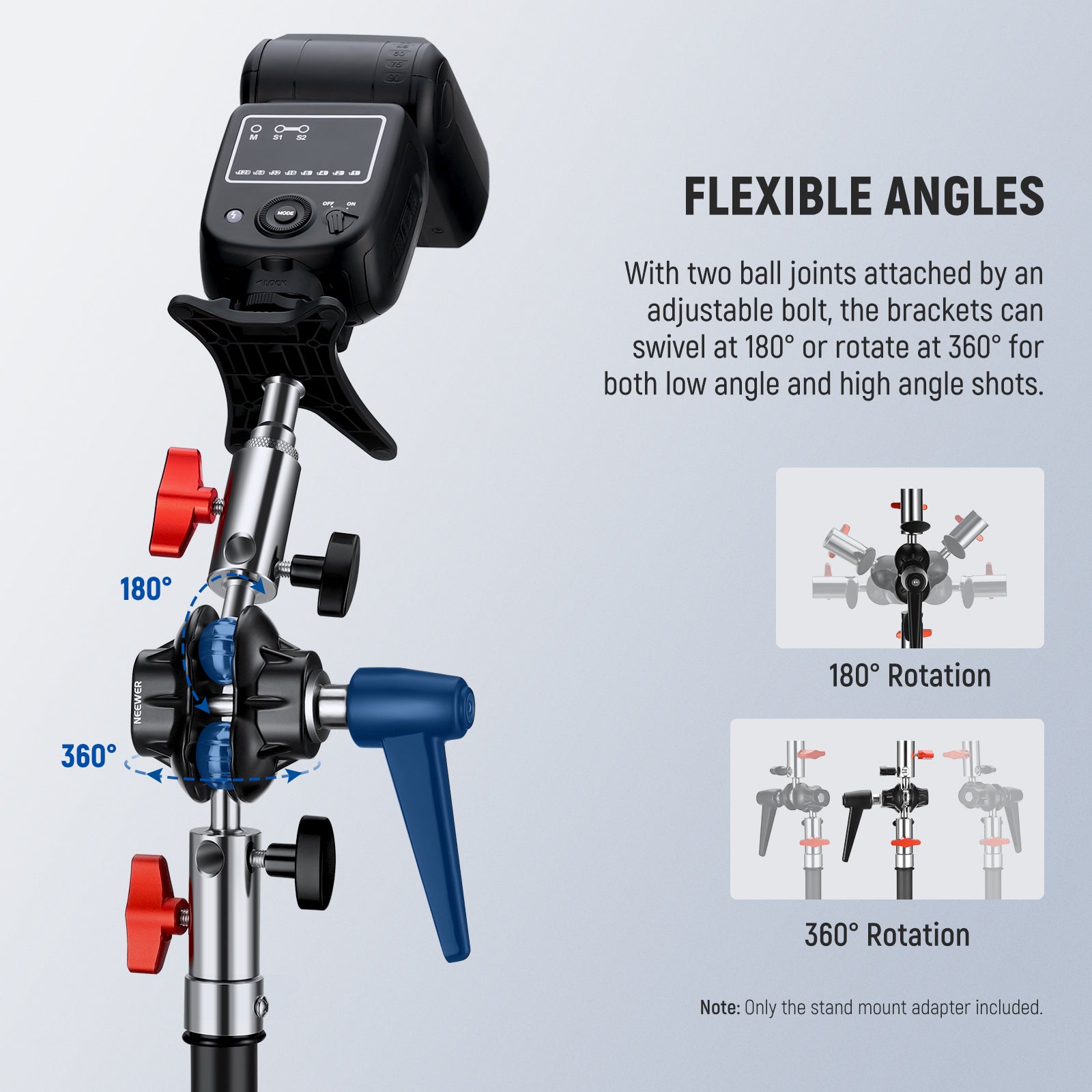 NEEWER UA020 Light Stand Mount Adapter features with two ball joints attached by an adjustable bolt