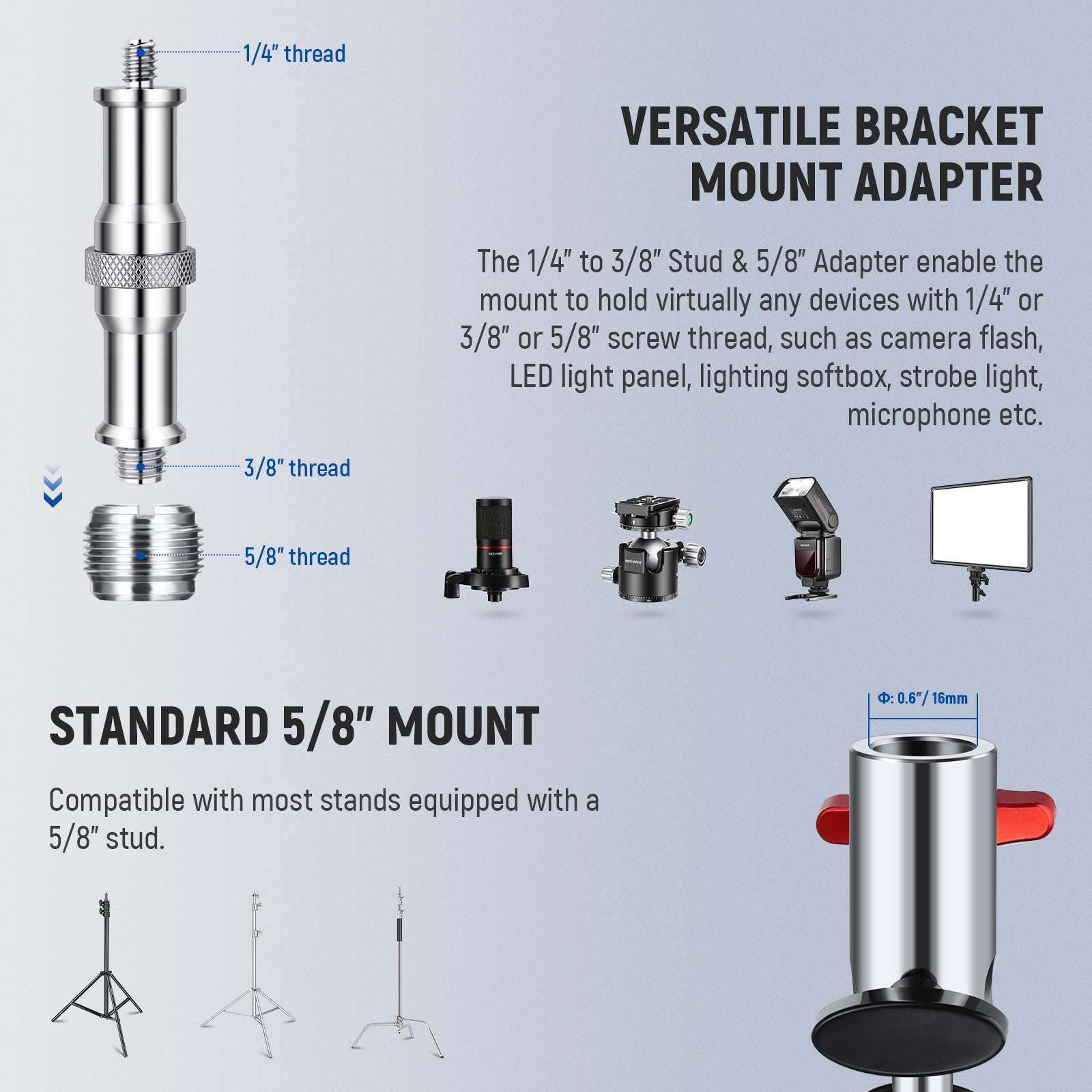 An additional 3/8" to 5/8" screw adapter is included for expanded installation of more equipment
