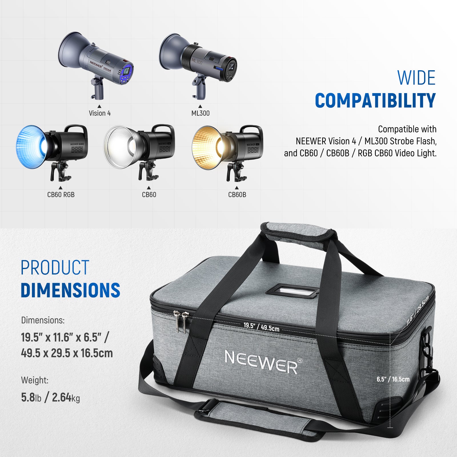 Product dimensions of the NEEWER PB5 Carrying Bag for Flash