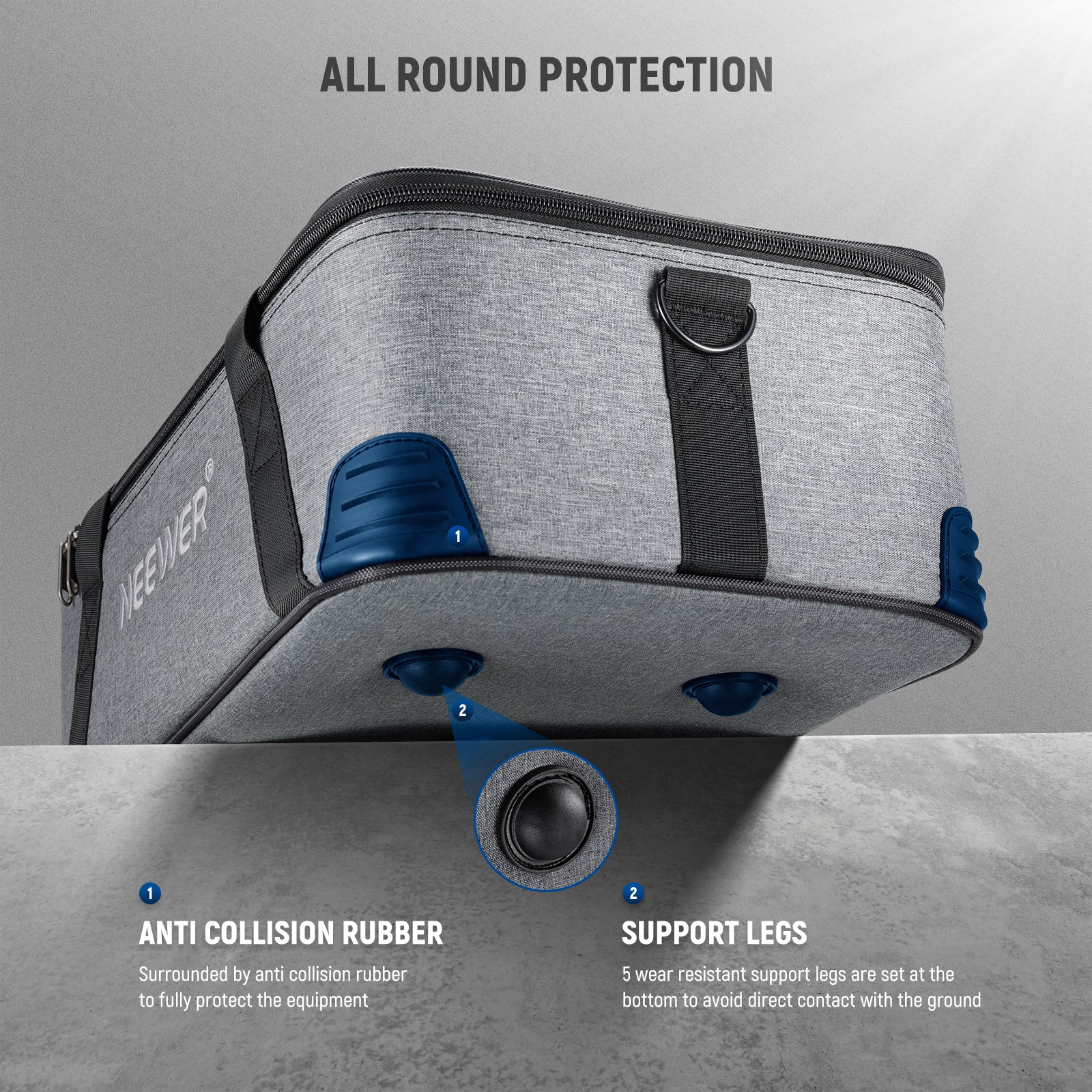 Five nonslip rubber feet provide shockproof protection when the bag is placed on the ground.