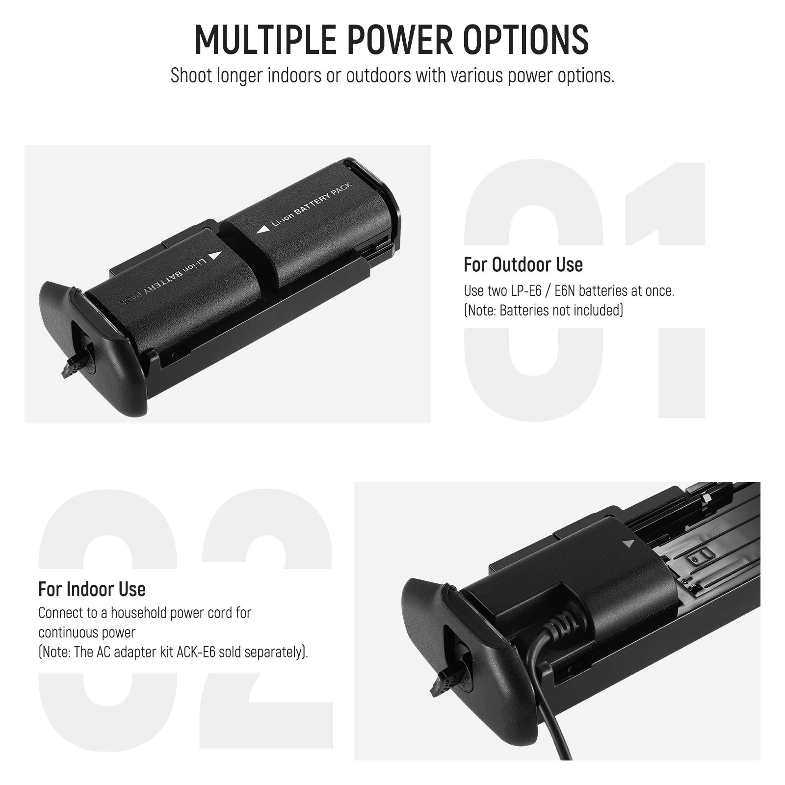 NEEWER BG-E21 Camera Battery Grip offers various power options.