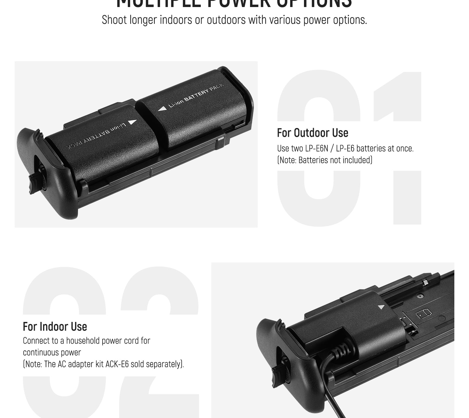 NEEWER BG-E20 Camera Battery Grip offers multiple power options.