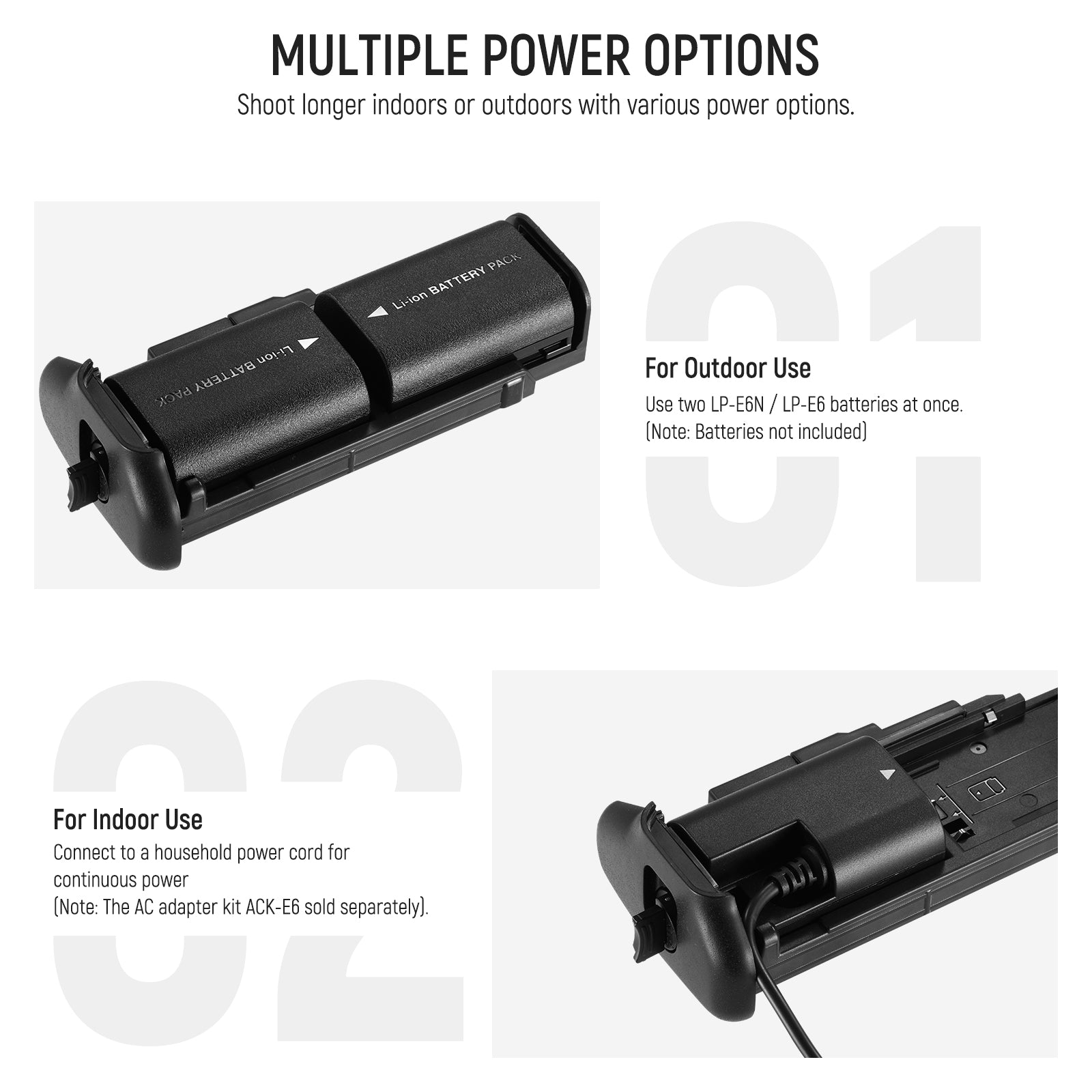 NEEWER BG-E20 Camera Battery Grip offers multiple power options.