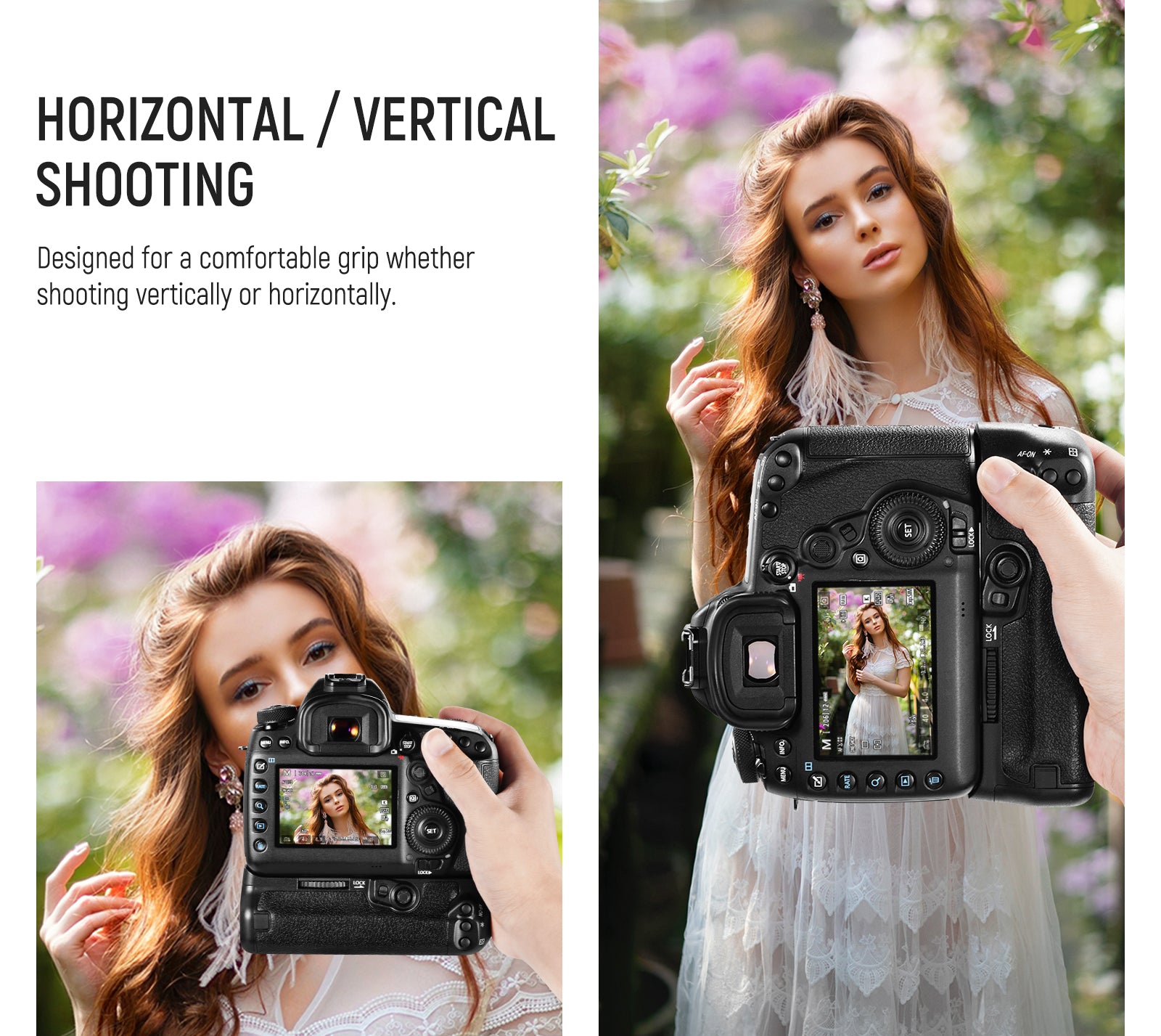 NEEWER BG-E20 Camera Battery Grip is designed for a comfortable grip, whether shooting vertically or horizontally.