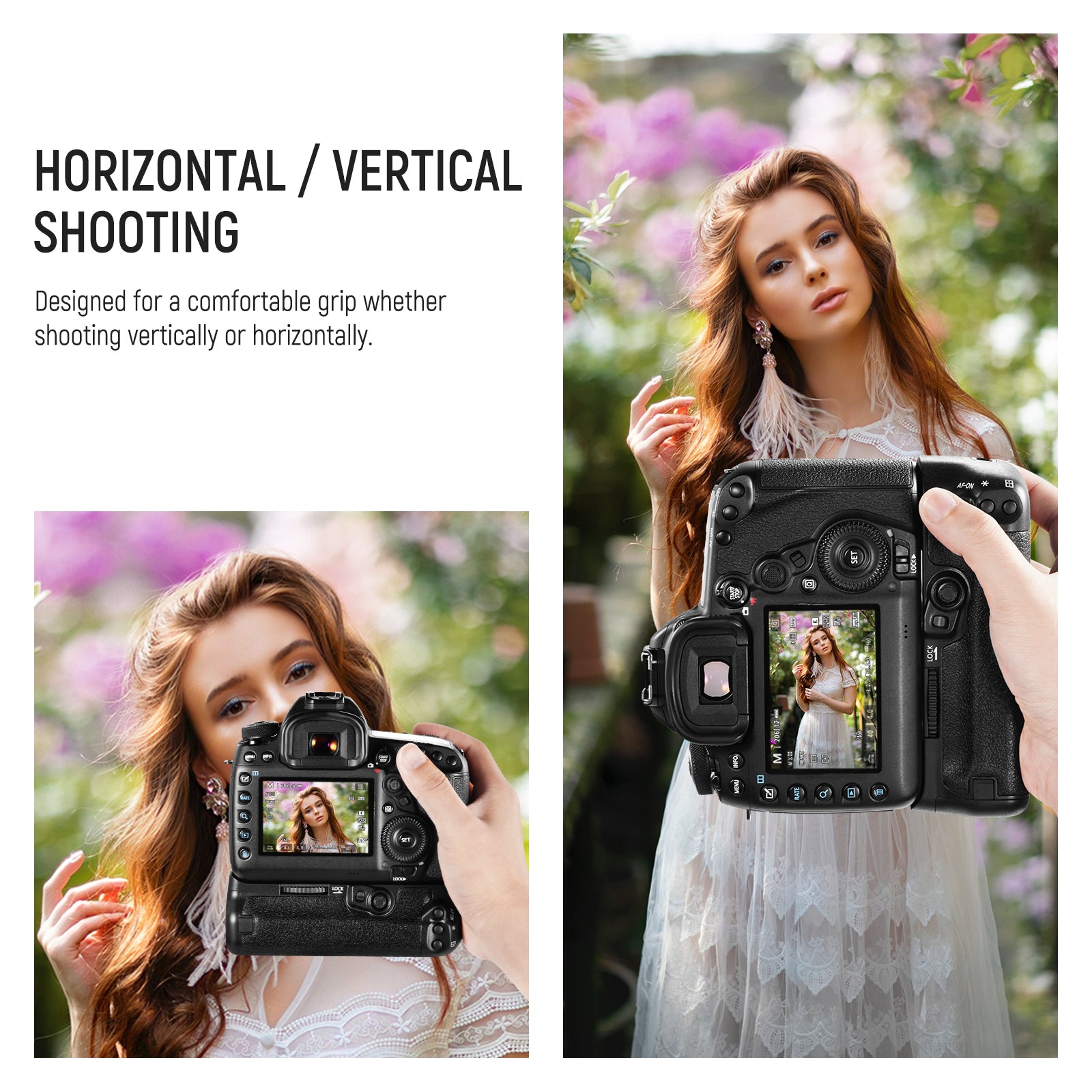 NEEWER BG-E20 Camera Battery Grip is designed for a comfortable grip, whether shooting vertically or horizontally.