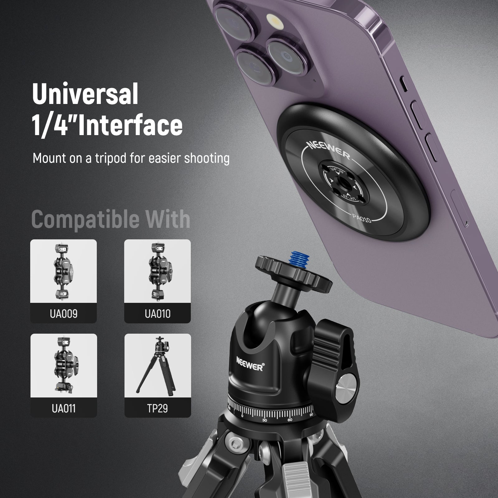 NEEWER PA010 Magnetic Phone Tripod Mount can easily be attached to any other accessories with a 1/4" screw.