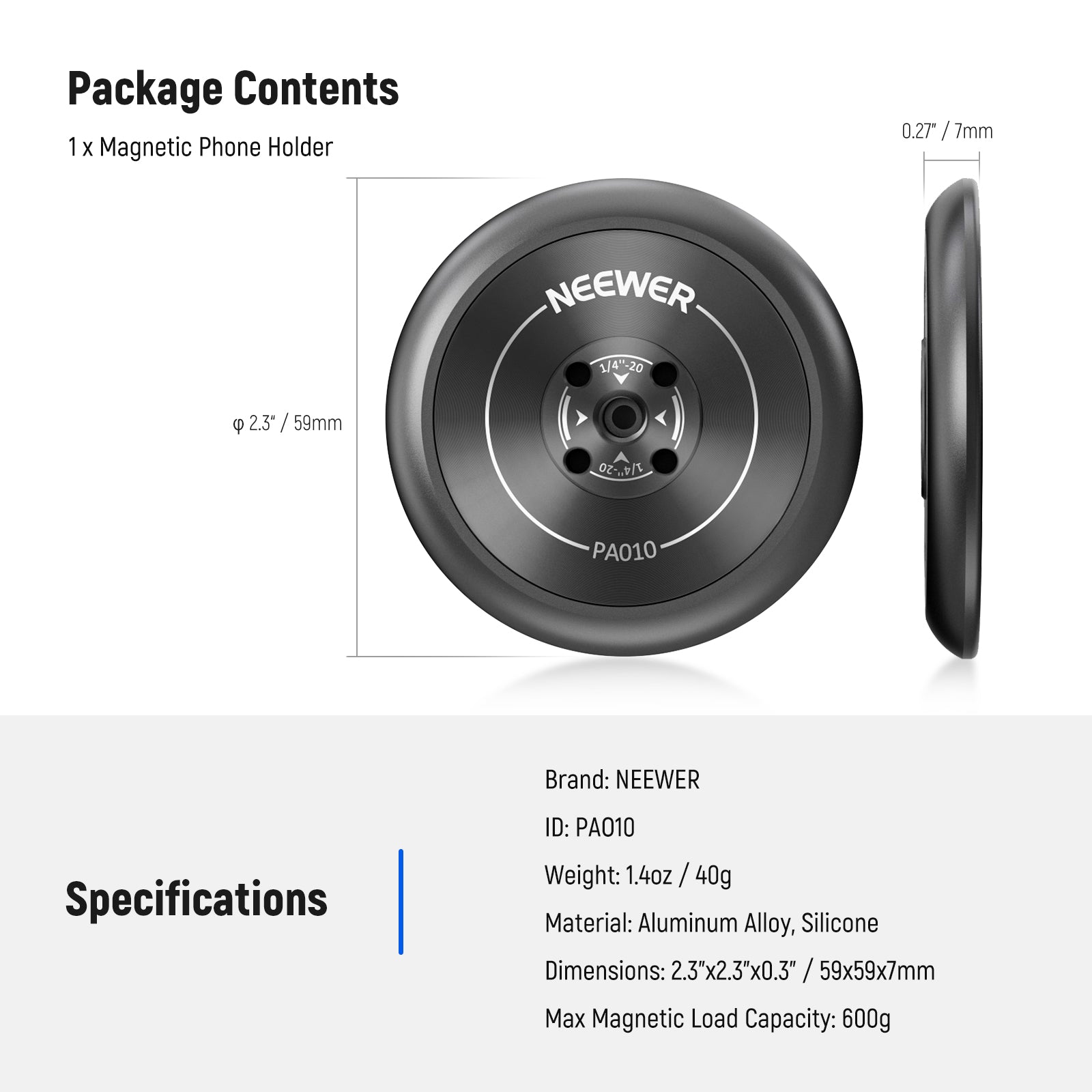 Specifications of the NEEWER PA010 Magnetic Phone Tripod Mount
