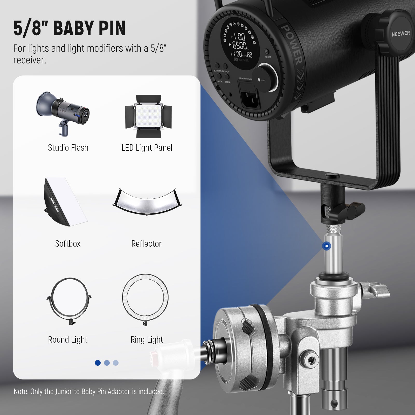 NEEWER UA027 Junior to Baby Pin Adapter is suitable for any studio monolight and LED video light with a 5/8" baby receiver