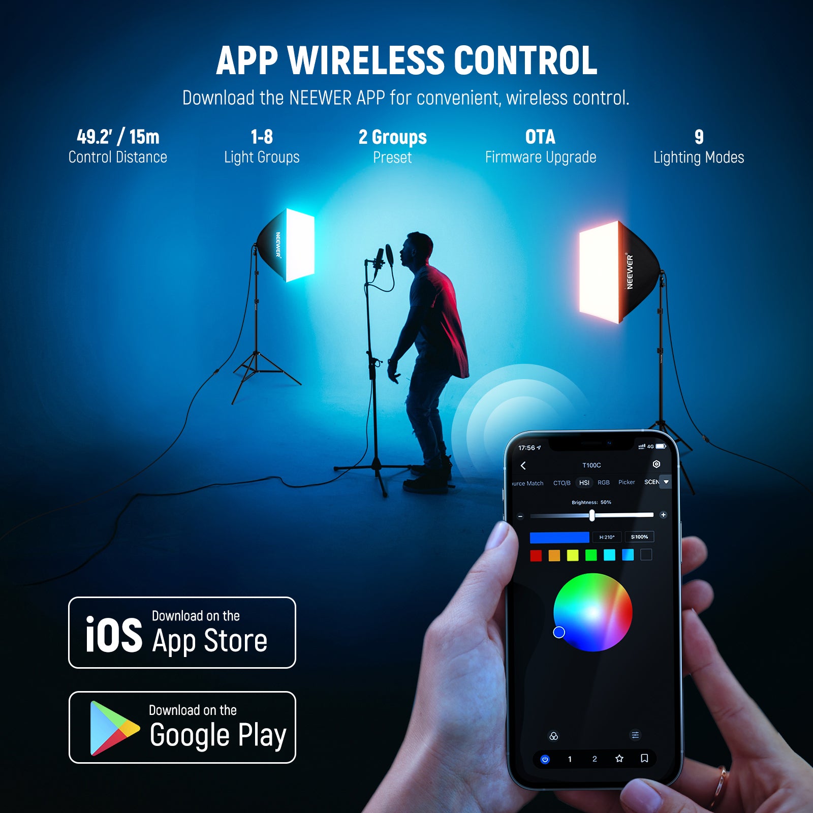 NEEWER NK800 RGB Softbox Lighting Kit can be controlled via the APP.