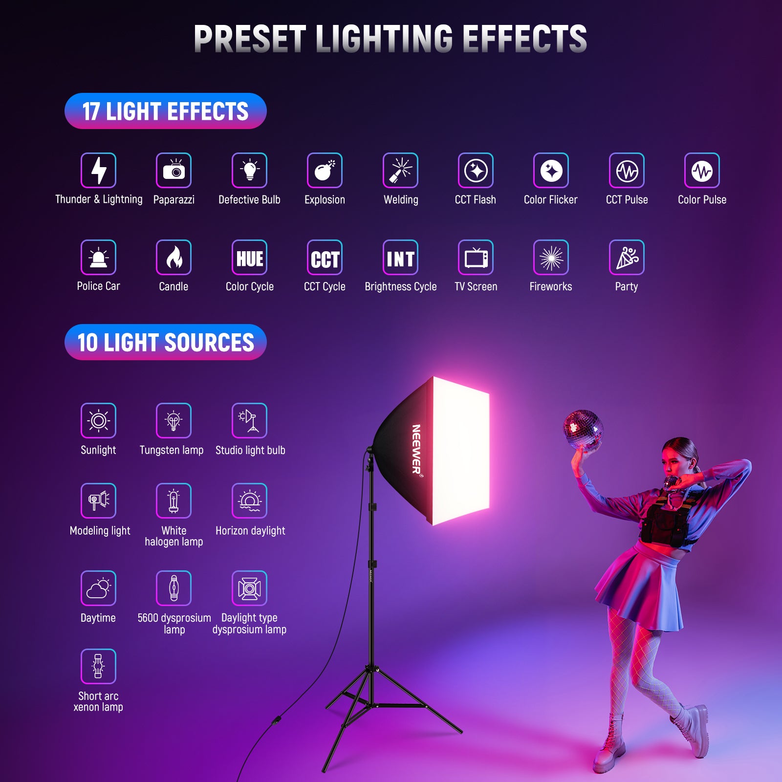 You can preset lighting effects when you use the NEEWER NK800 RGB Softbox Lighting Kit.