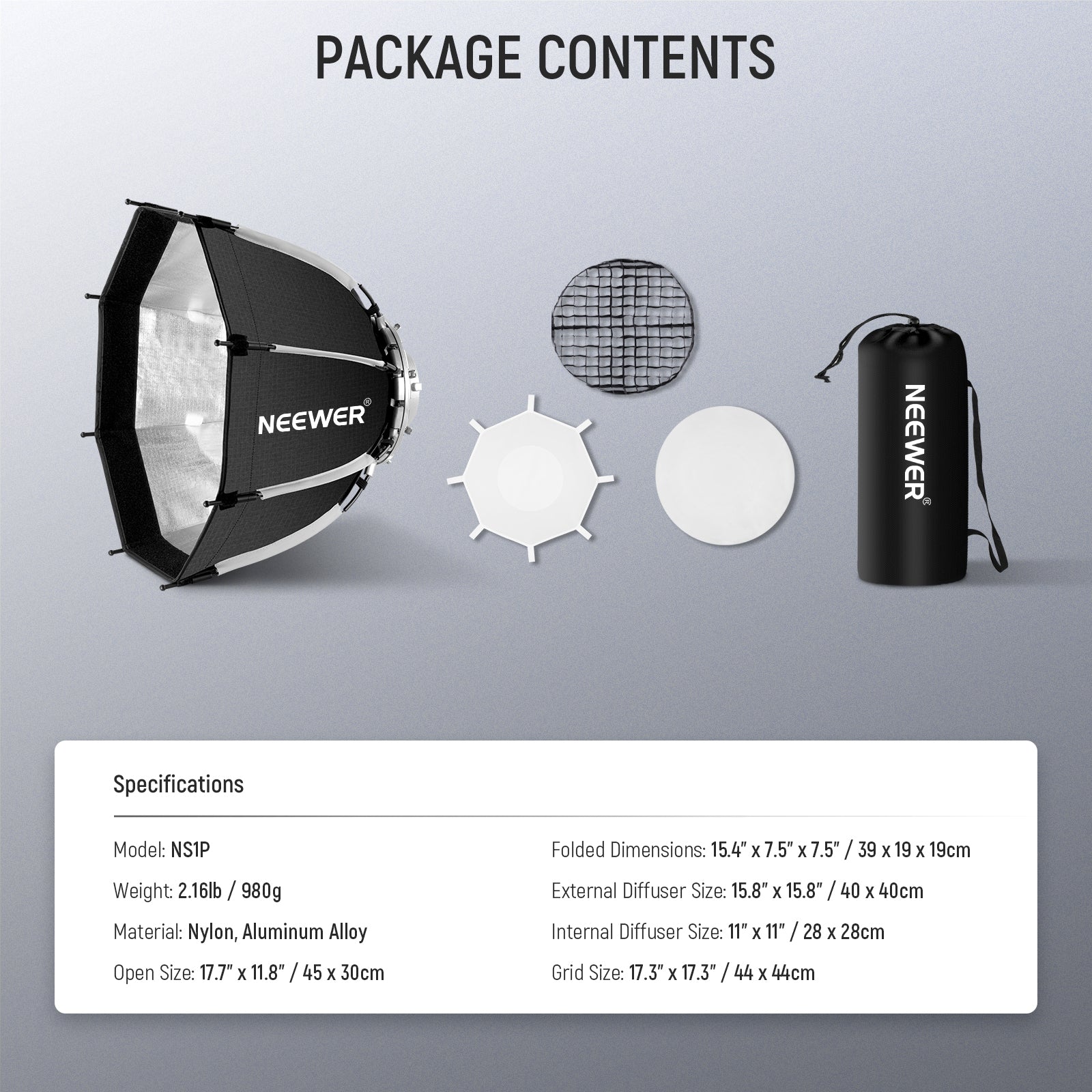 Package Contents of the NEEWER NS1P 45cm Octagonal Softbox