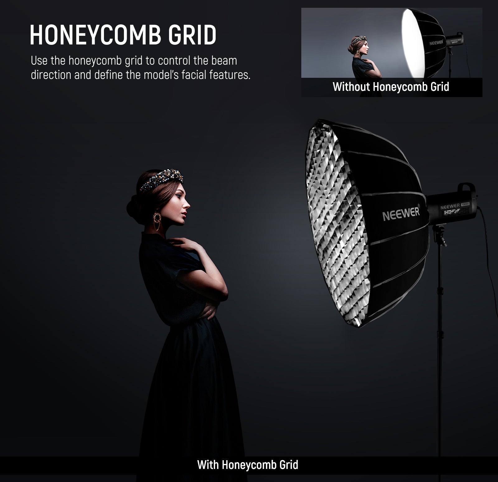NEEWER NS85U Hexadecagon Parabolic Softbox kit has a honeycomb grid.