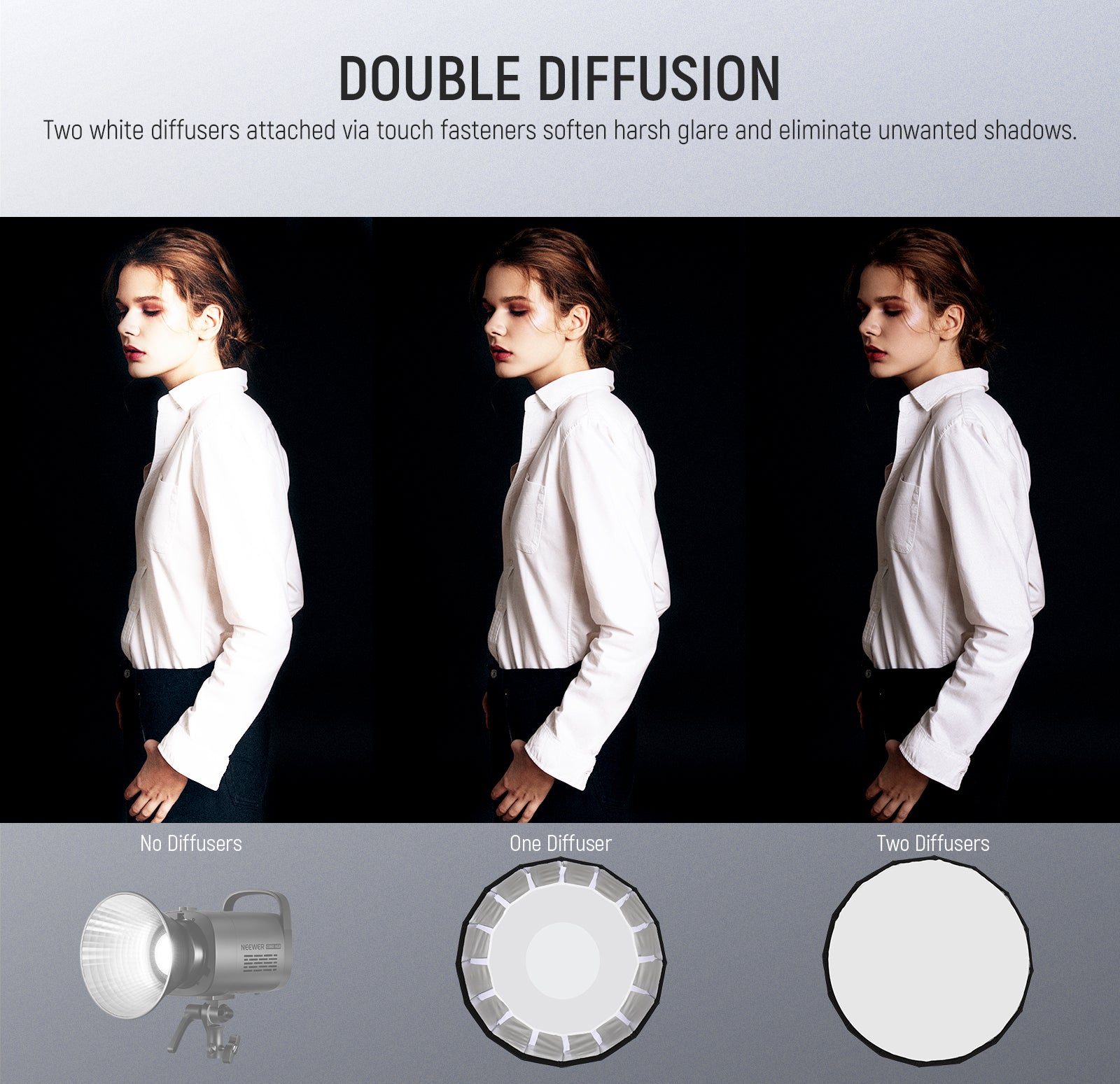 two internal and external diffusers combine for an even softer
