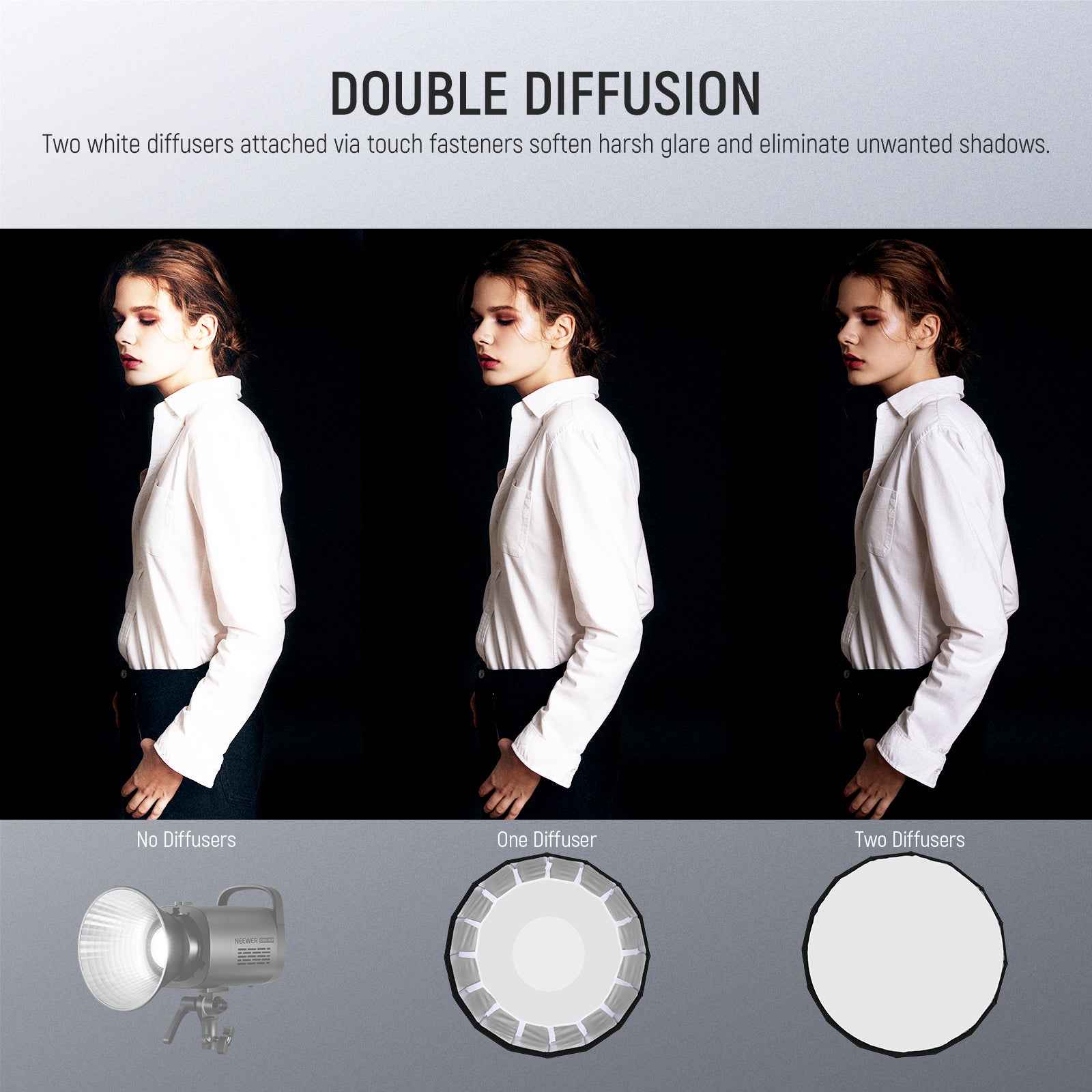 two internal and external diffusers combine for an even softer