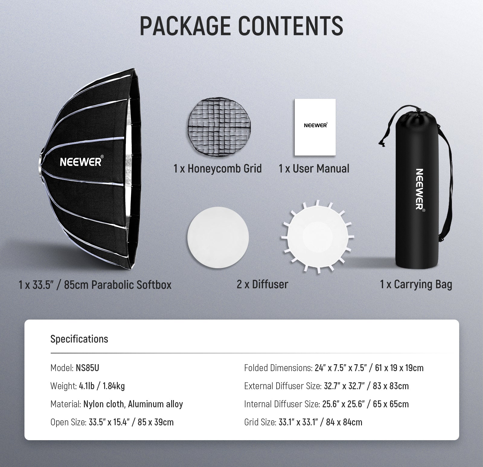 Package Contents of the NEEWER NS85U Hexadecagon Parabolic Softbox