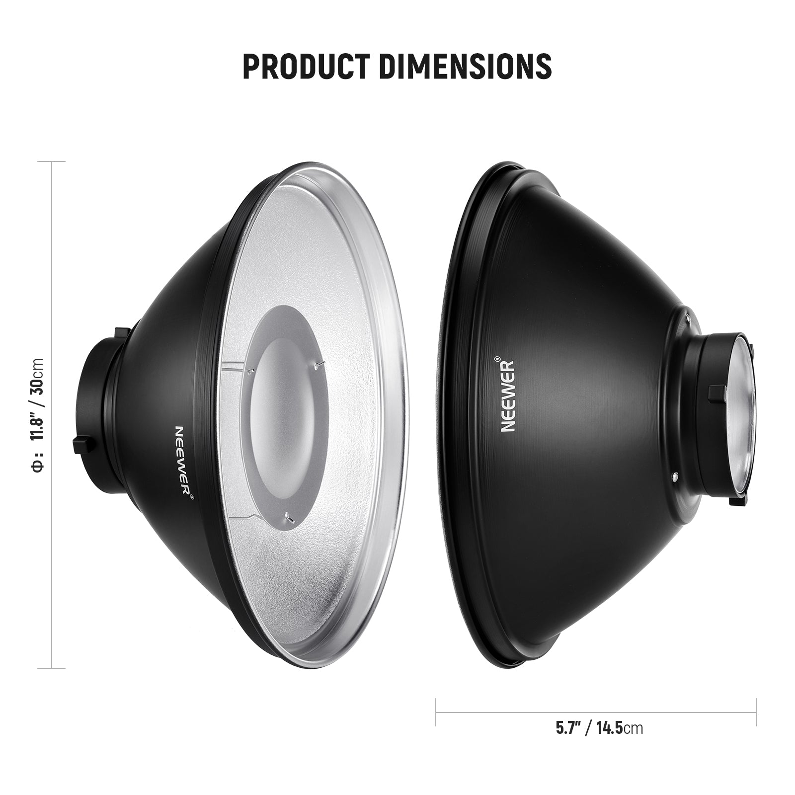 Product dimensions of the NEEWER LD55 21.6″ FlashLight Reflector