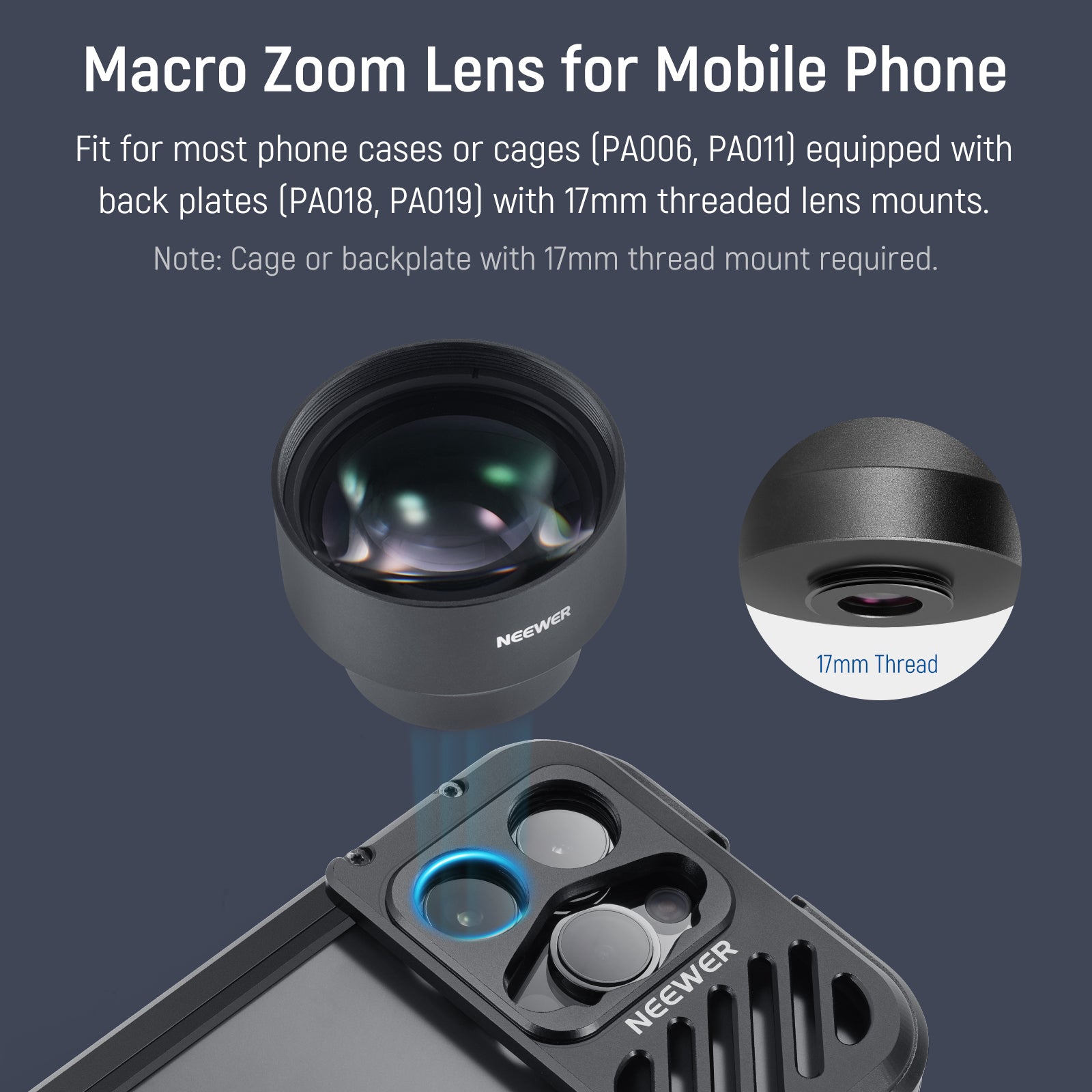NEEWER LS-32 45X Phone Microscope fits most phone cases or cages equipped with backplates with 17mm threaded lens mounts.