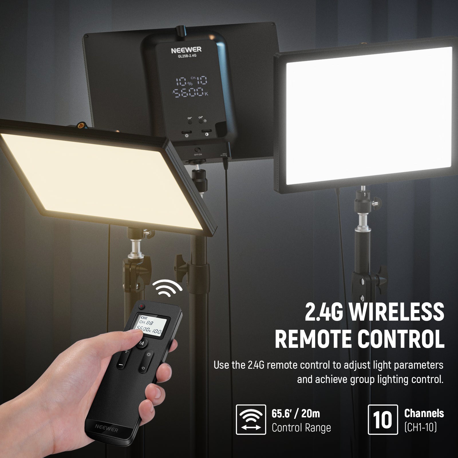 Use the wireless remote to control the NEEWER GL25B Streaming Key Light