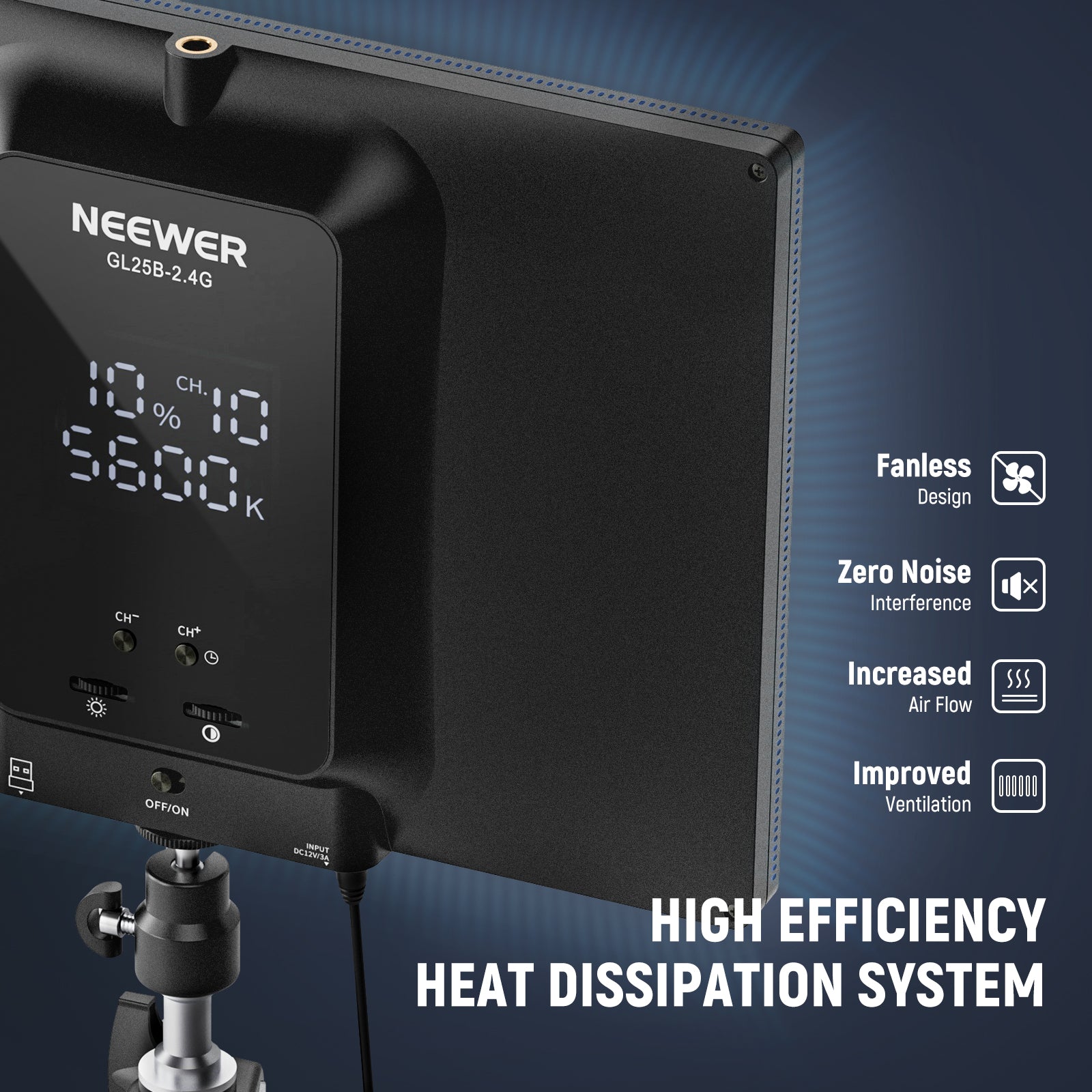 NEEWER GL25B Streaming Key Light ensures zero noise.