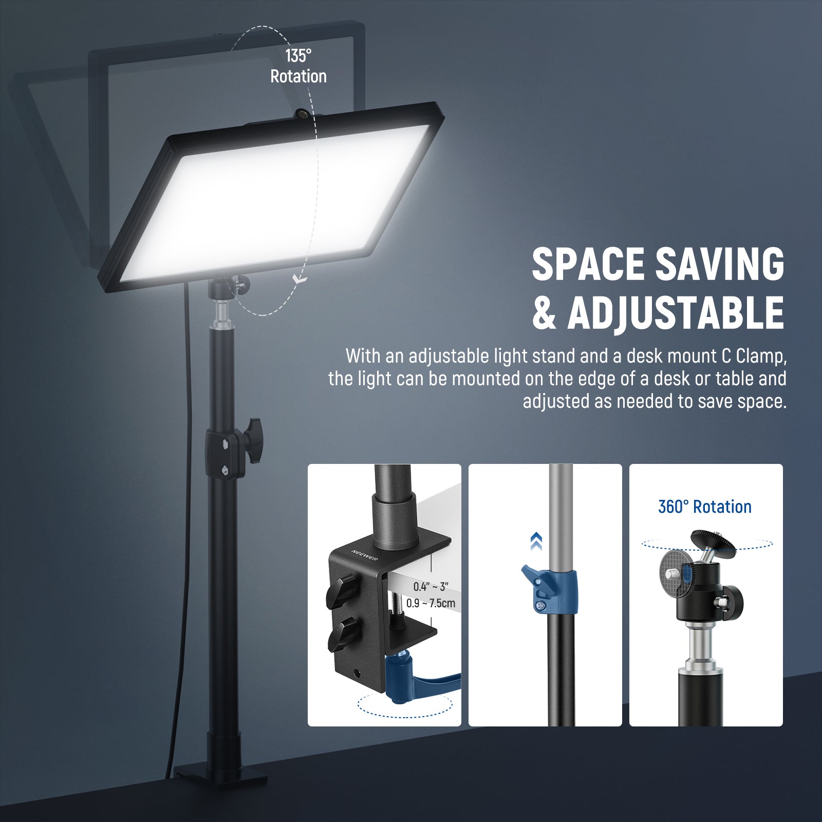 An adjustable desktop stand included helps saving space.