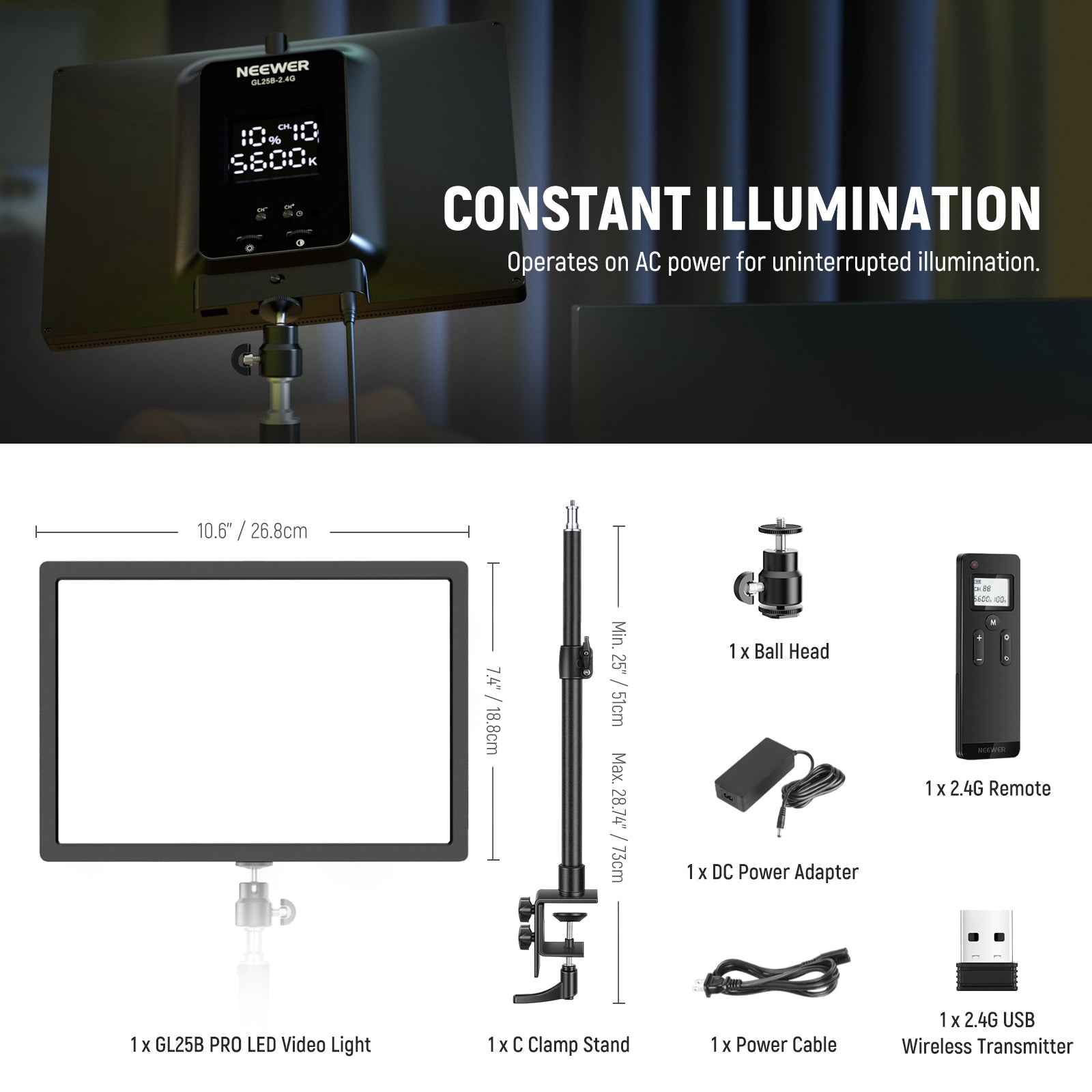 Package Contents of the NEEWER GL25B Streaming Key Light