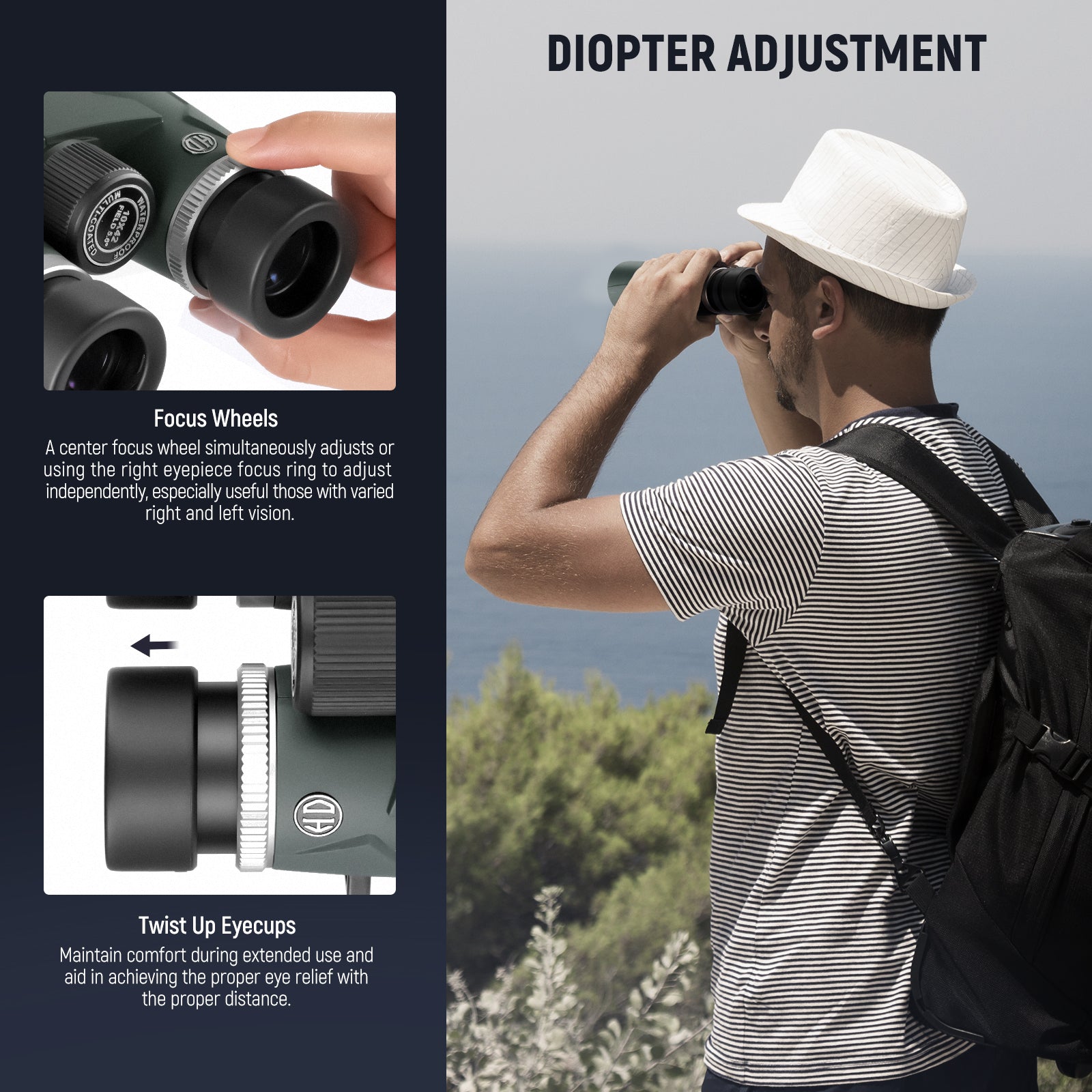 The twistable eyecups with a proper exit pupil distance for eye relief during extended uses