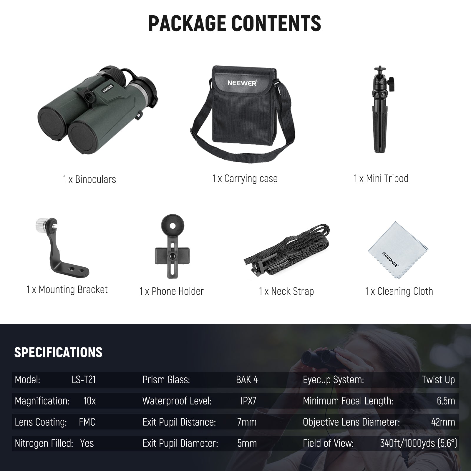 Package Contents of the NEEWER LS-T21 Binocular Kit