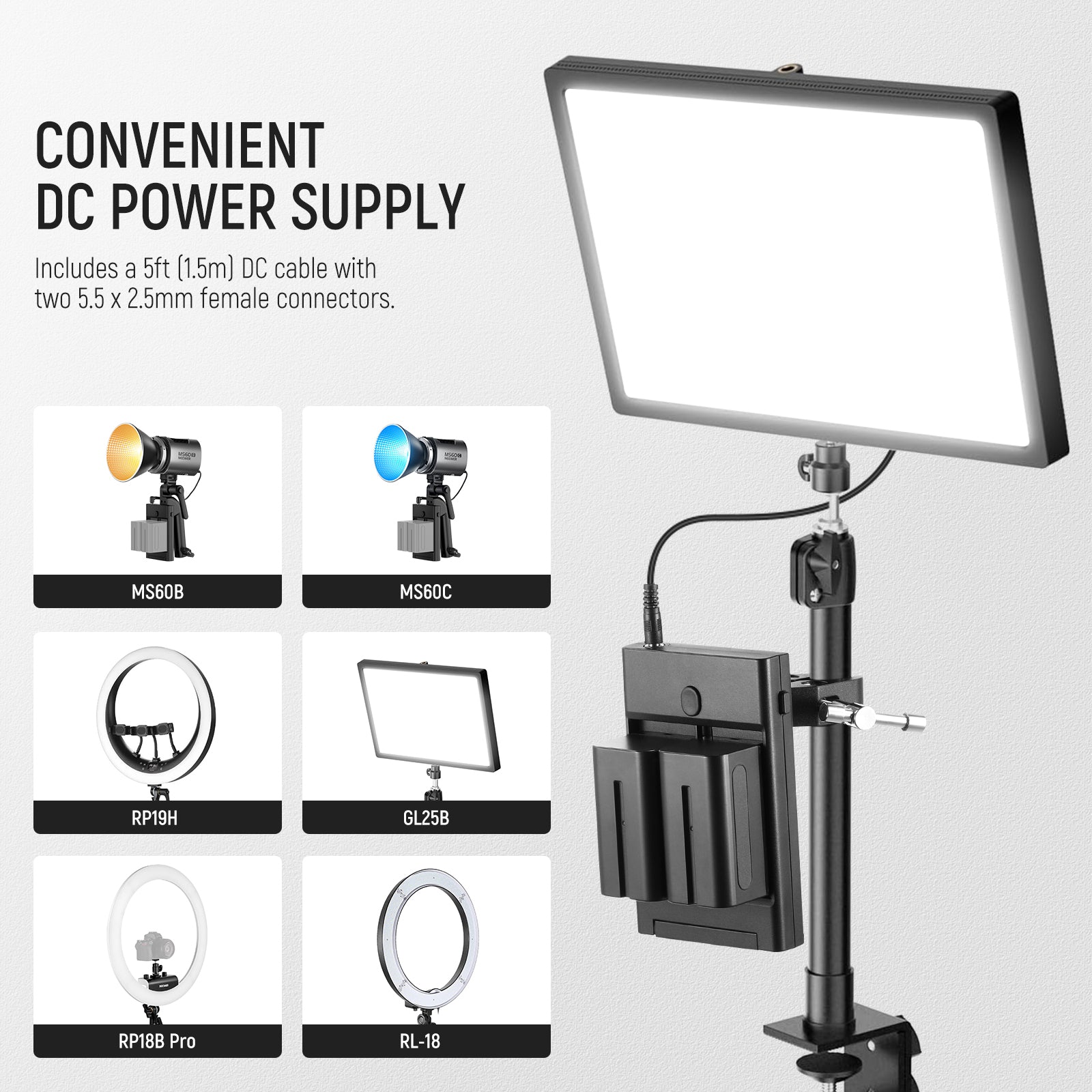 NEEWER PS010E Dual Channel NP-F Battery Plate Kit includes a DC Cable with 5.5x2.5mm Female Connectors