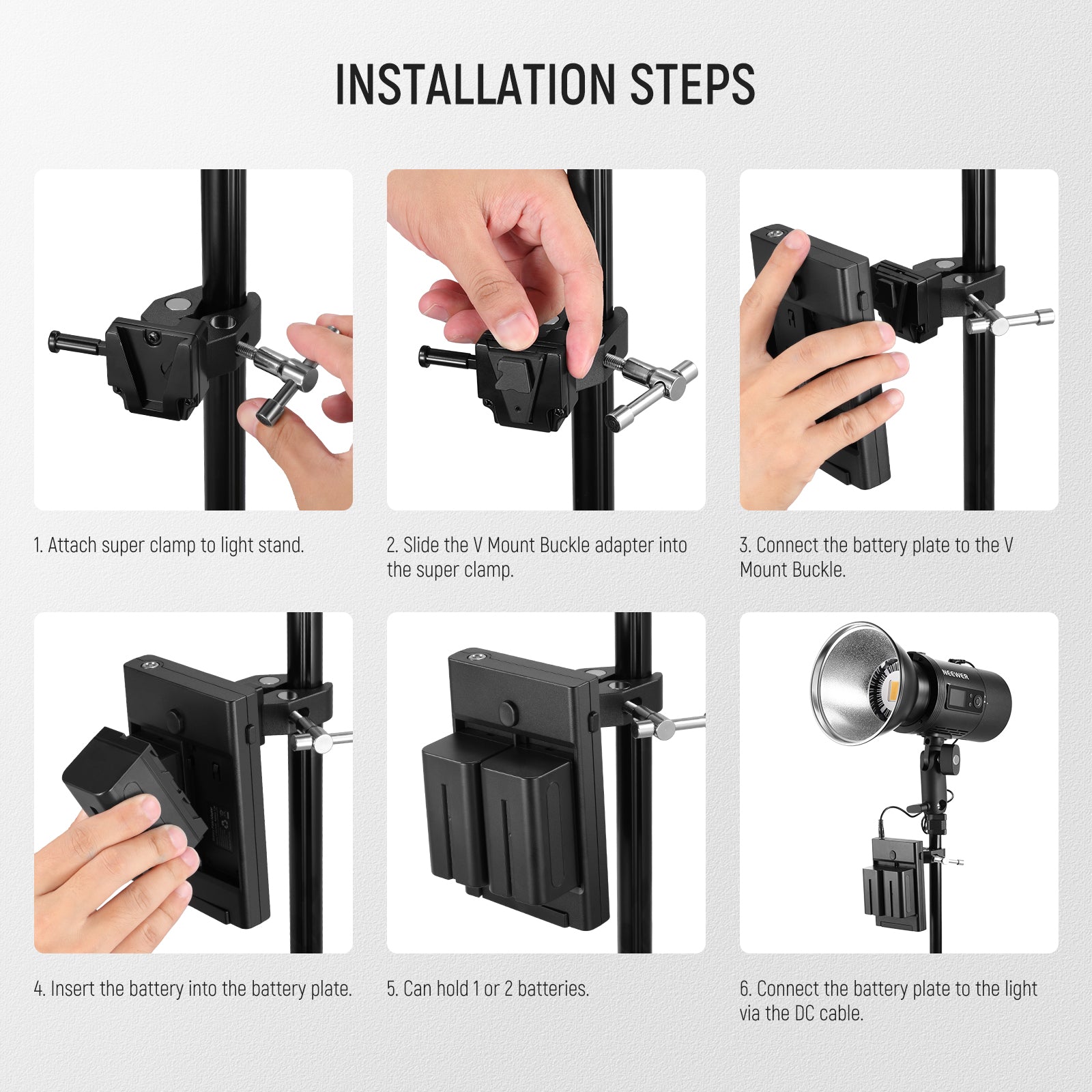 Installation steps of the NEEWER PS010E Dual Channel NP-F Battery Plate Kit