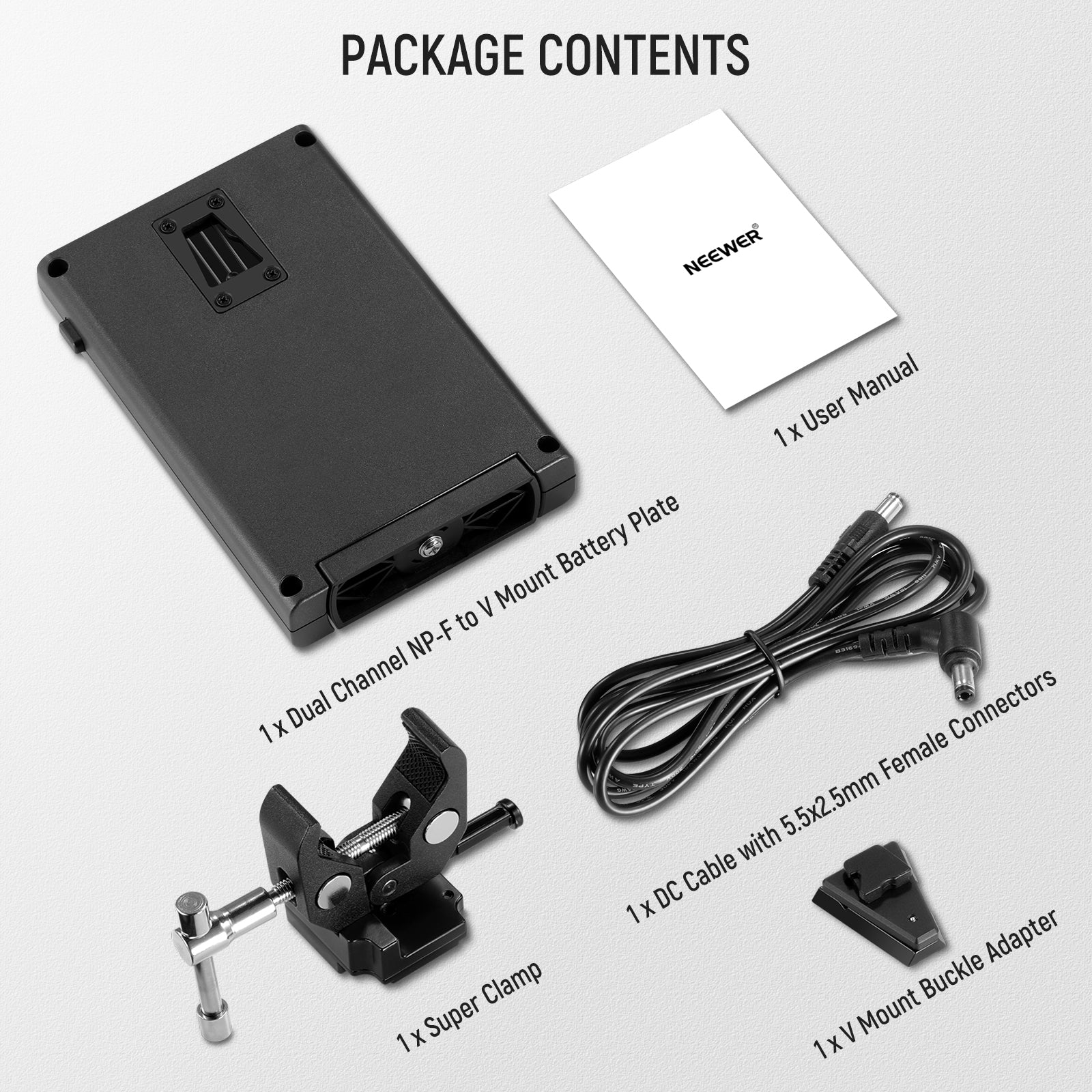 Package Contents of the NEEWER PS010E Dual Channel NP-F Battery Plate Kit