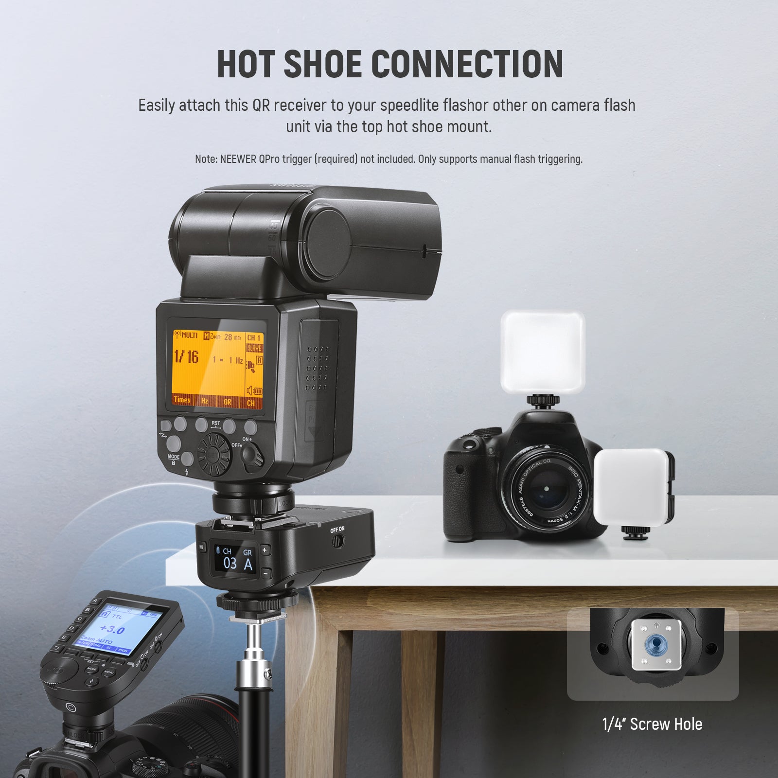 Wirelessly trigger your flash by attaching it to the QR receiver's top hot shoe mount.