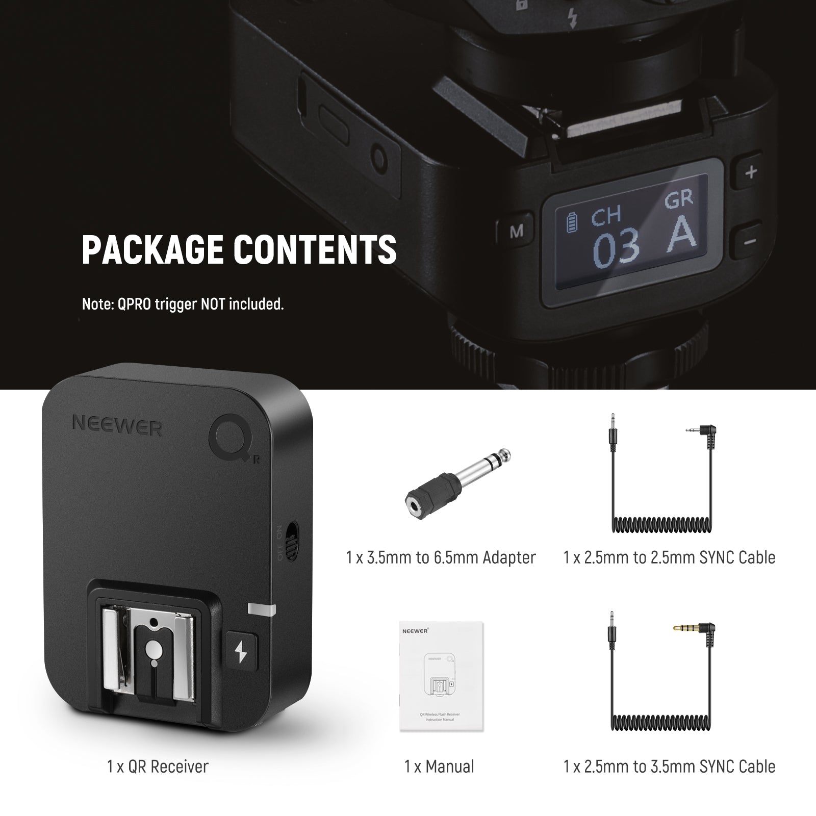 Package Contents of the NEEWER QR 2.4G Wireless Flash Receiver For QPRO