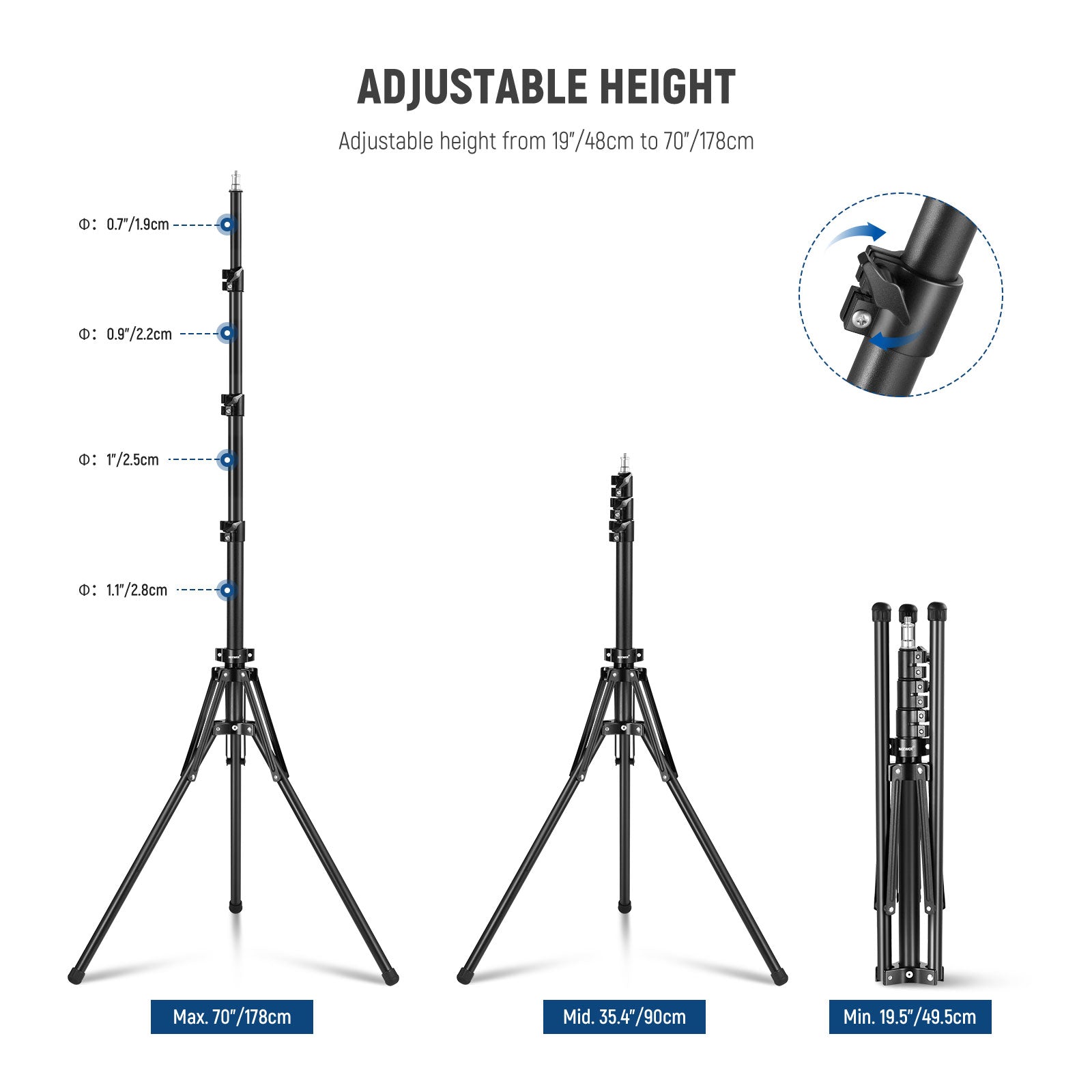 Height Adjustment Range of the NEEWER ST178R All Metal Foldable Light Stand