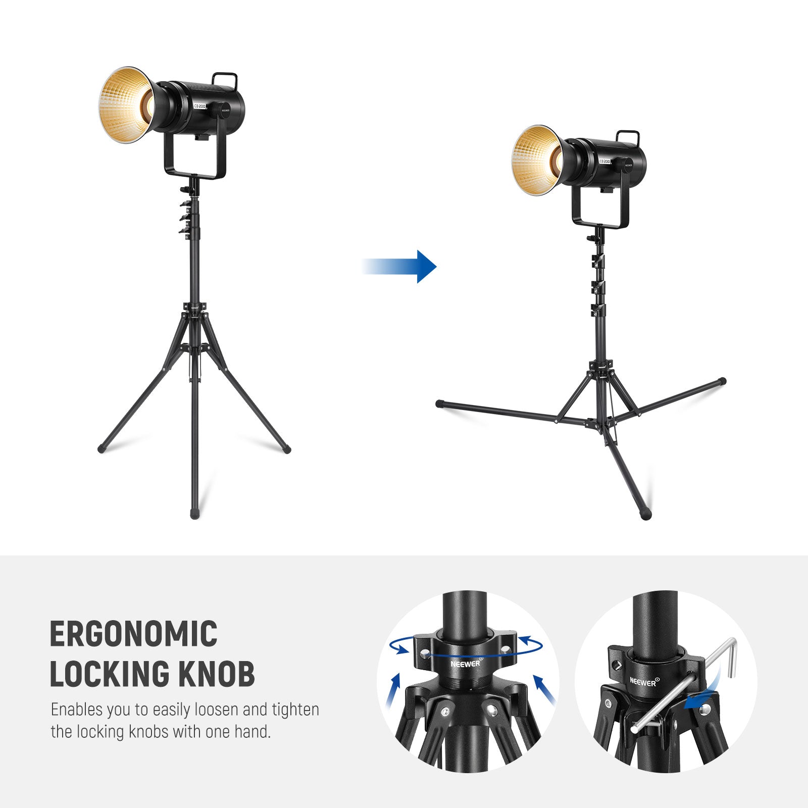 NEEWER ST178R All Metal Foldable Metal Light Stand features an ergonomic locking knob.