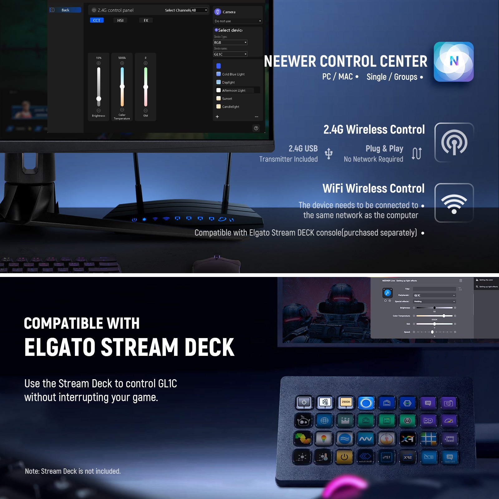 NEEWER GL1C RGB LED Streaming Light is compatible with Elgato stream deck.