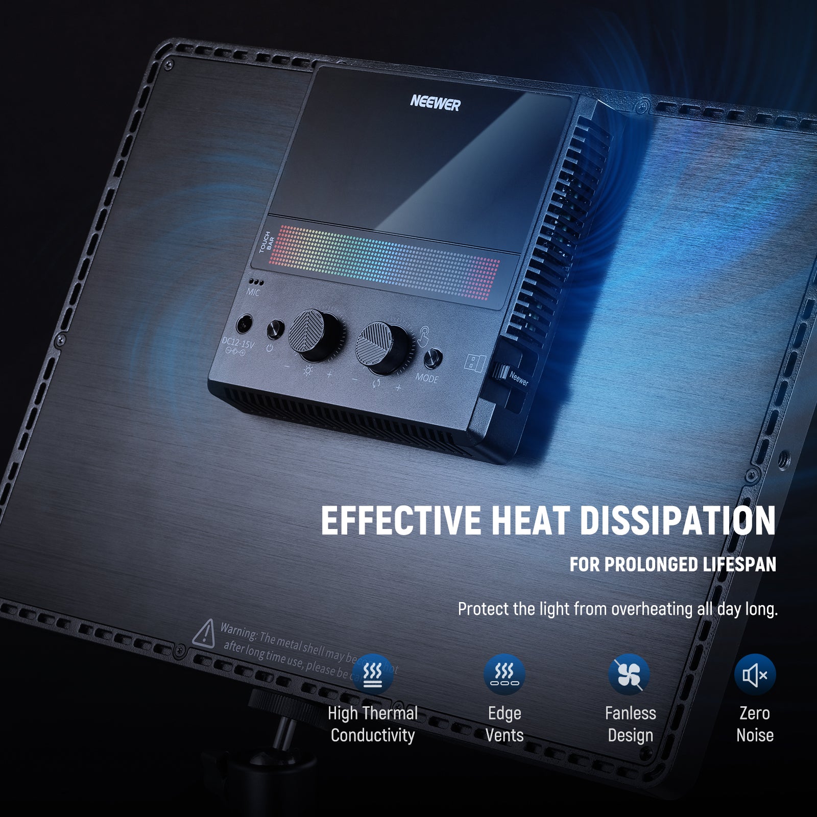 The outer shell is made of thermally conductive aluminum alloy and features vents around edges for effective heat dissipation.