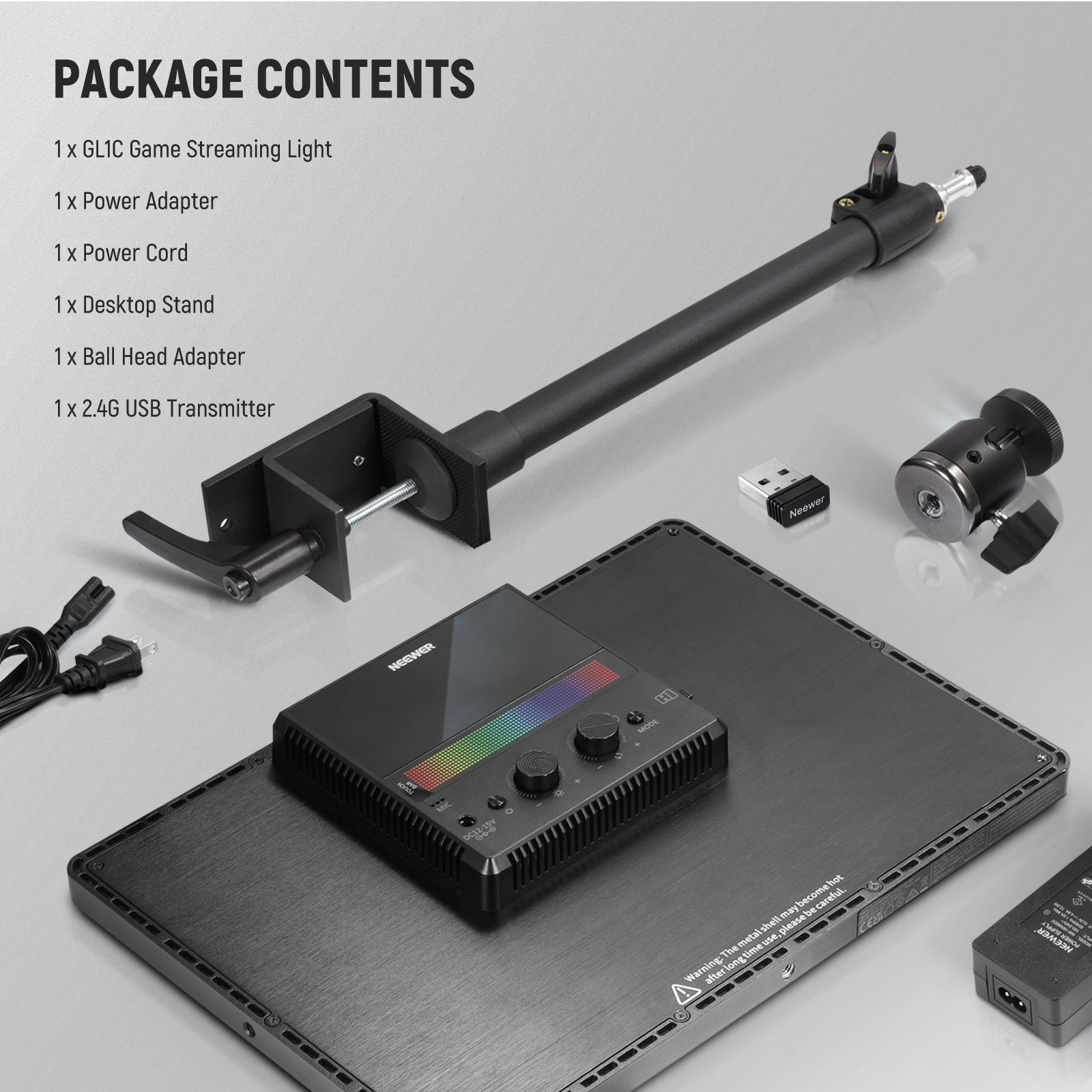 Package Contents of the NEEWER GL1C RGB LED Streaming Light