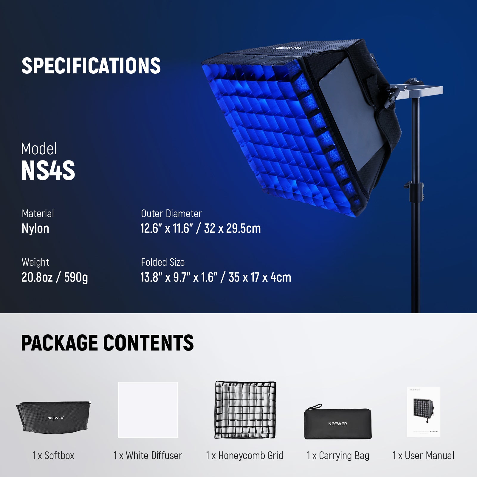 Package Contents of the NEEWER NS4S Upgraded Softbox Diffuser for NL660 RGB660 PRO