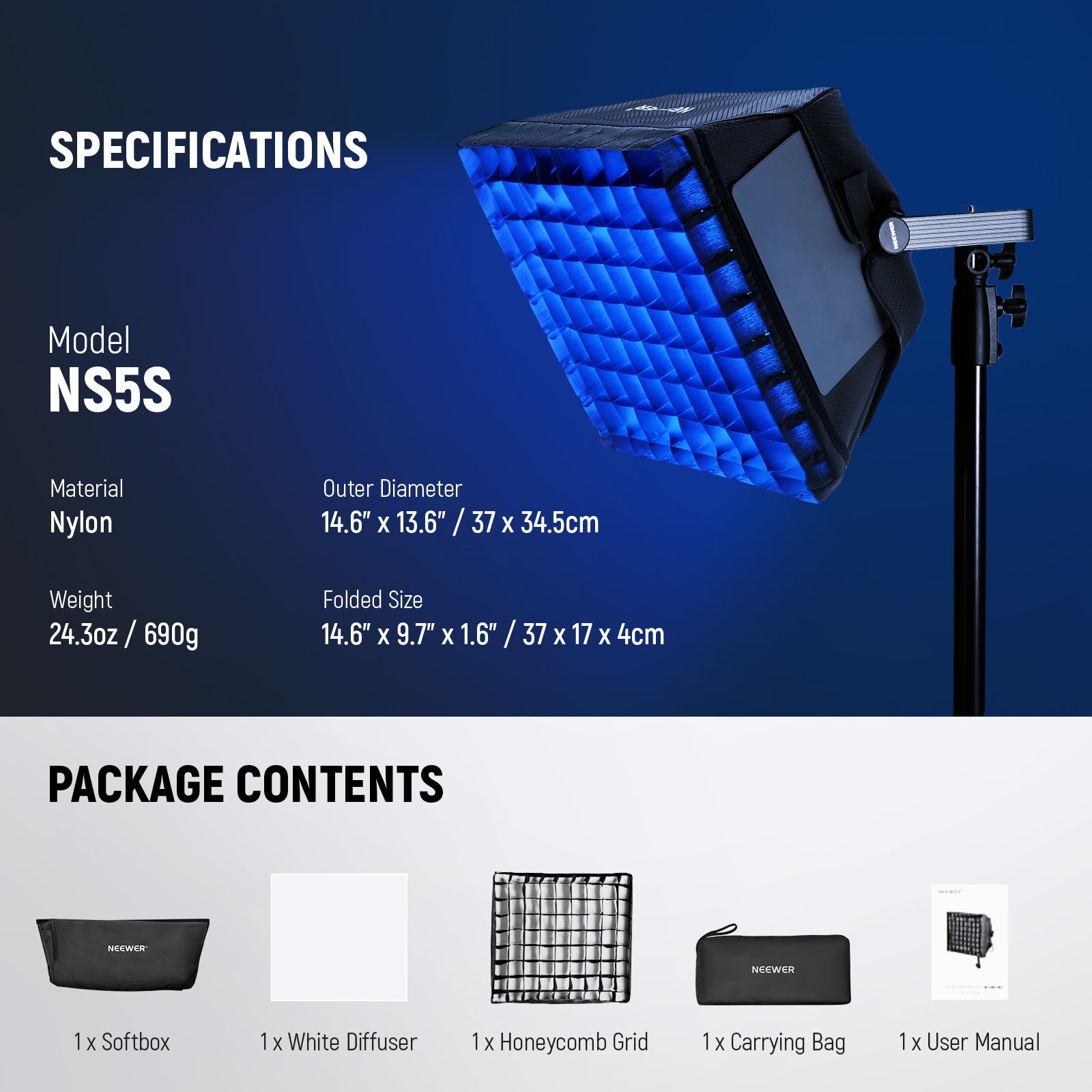 Package Contents of the NEEWER NS5S Upgraded Softbox Diffuser For RGB1200