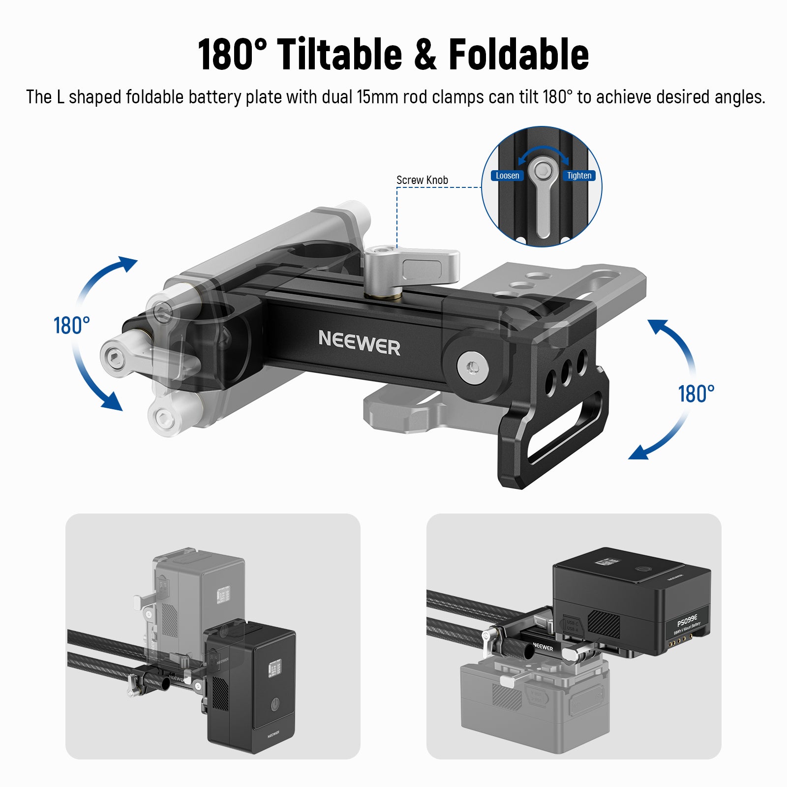 The L shaped foldable battery plate with dual 15mm rod clamps can tilt 180° for desired angles