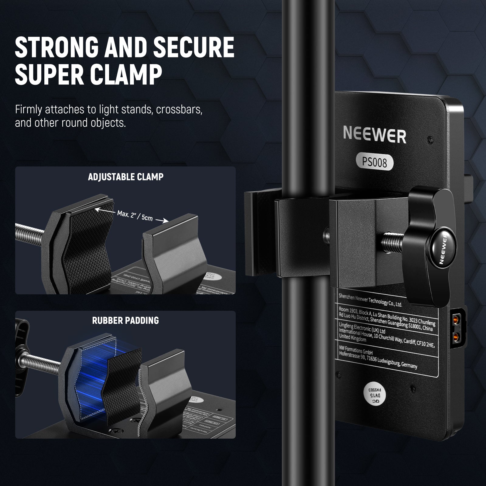 NEEWER PS008 K2 V Mount Battery Plate features a crab shaped C clamp