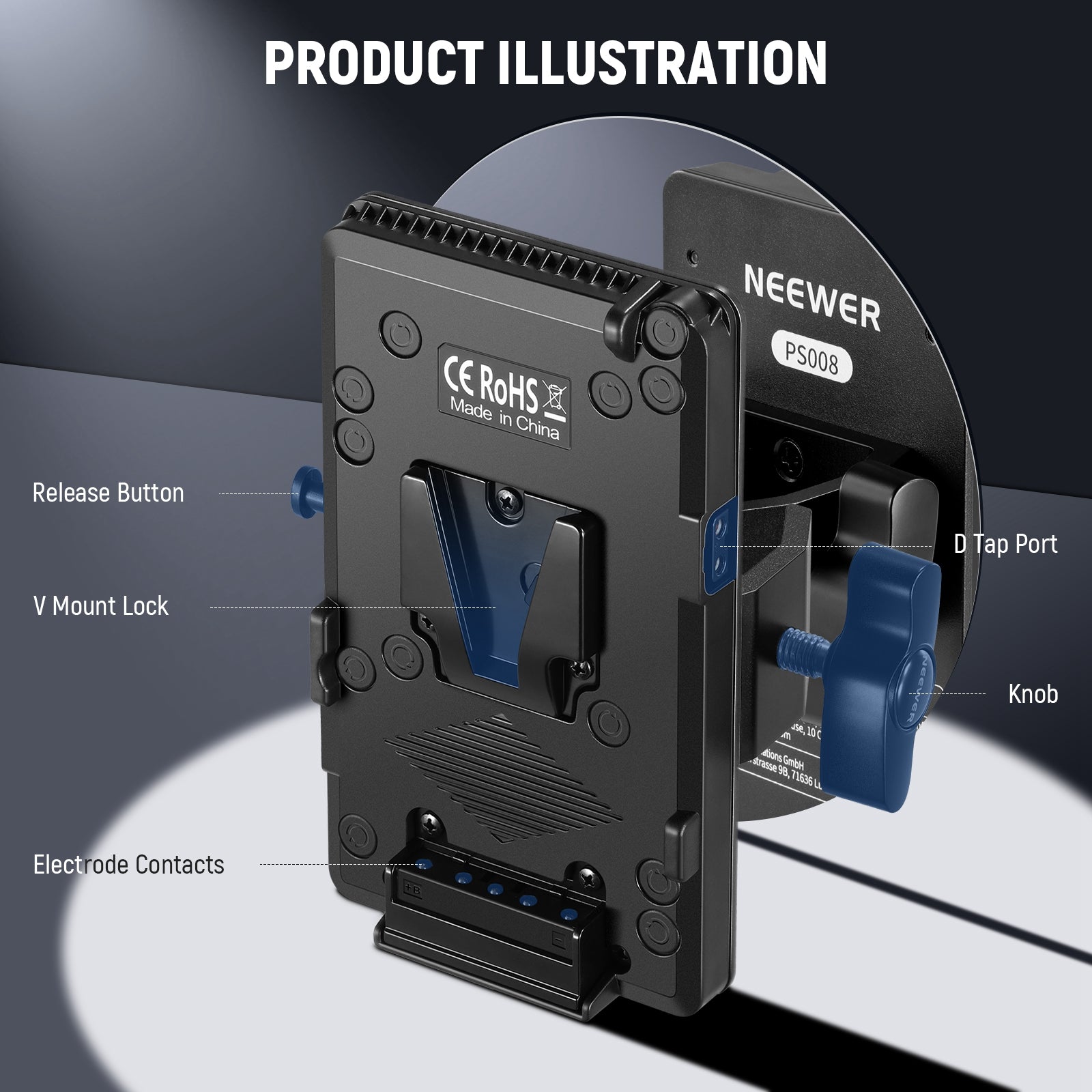 Product details of the NEEWER PS008 K2 V Mount Battery Plate
